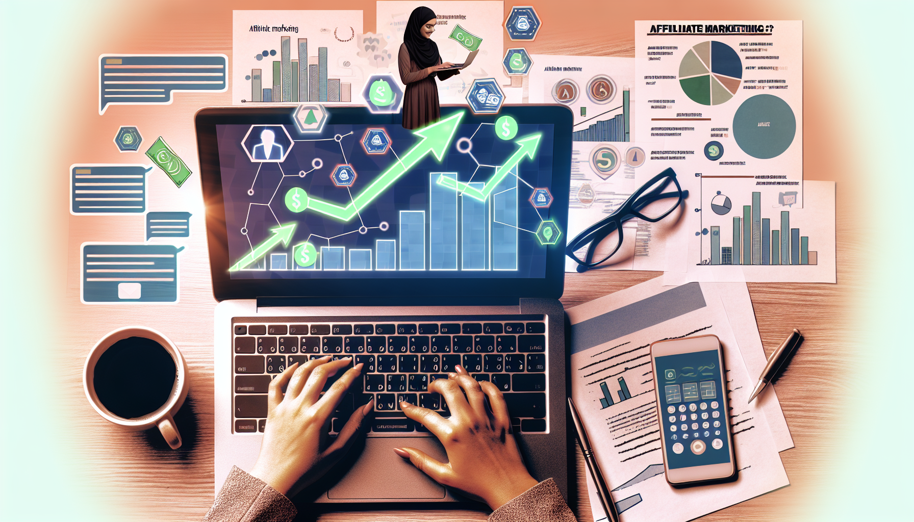 Eine Illustration des Online-Geldverdienens durch Affiliate-Marketing. Visualisieren Sie einen Laptop-Bildschirm, der ein erfolgreiches Geschäftsdashboard mit steigenden Pfeilen zeigt, die Wachstum repräsentieren. In der Nähe auf einem Schreibtisch liegen Papiere mit Plänen und Diagrammen zu Affiliate-Marketing-Strategien. Fügen Sie weitere Elemente wie Kaffeetassen, Brillen, einen Stift, einen Notizblock und ein Smartphone mit Benachrichtigungen über erfolgreiche Transaktionen hinzu. Die Szene zeigt ein Paar Hände, die auf dem Laptop tippen, und gehört einer Frau aus dem Nahen Osten. Integrieren Sie ein Design, das eine professionelle und produktive Umgebung kommuniziert.