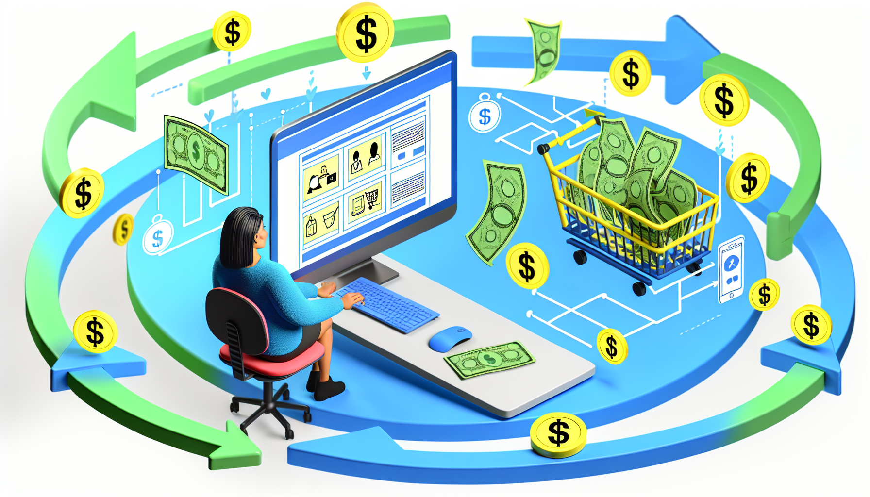 Eine illustrative Darstellung des Affiliate-Marketings als Möglichkeit, online Geld zu verdienen. Zeigen Sie eine Person, die hispanischer Abstammung und weiblichen Geschlechts ist, die an einem Computer sitzt, umgeben von Symbolen, die Geld repräsentieren. Sie betrachtet eine Website, die den Prozess des Online-Affiliate-Marketings darstellt. Die Website enthält verschiedene Produkte, die durch Pfeile mit einem Einkaufswagen verbunden sind, der zu Währungssymbolen führt. Es gibt Flusslinien, die die Bewegung von der Produktauswahl zu den Einnahmen darstellen. Die gesamte Umgebung ist hell und strahlt ein Gefühl von Optimismus und Möglichkeiten aus.