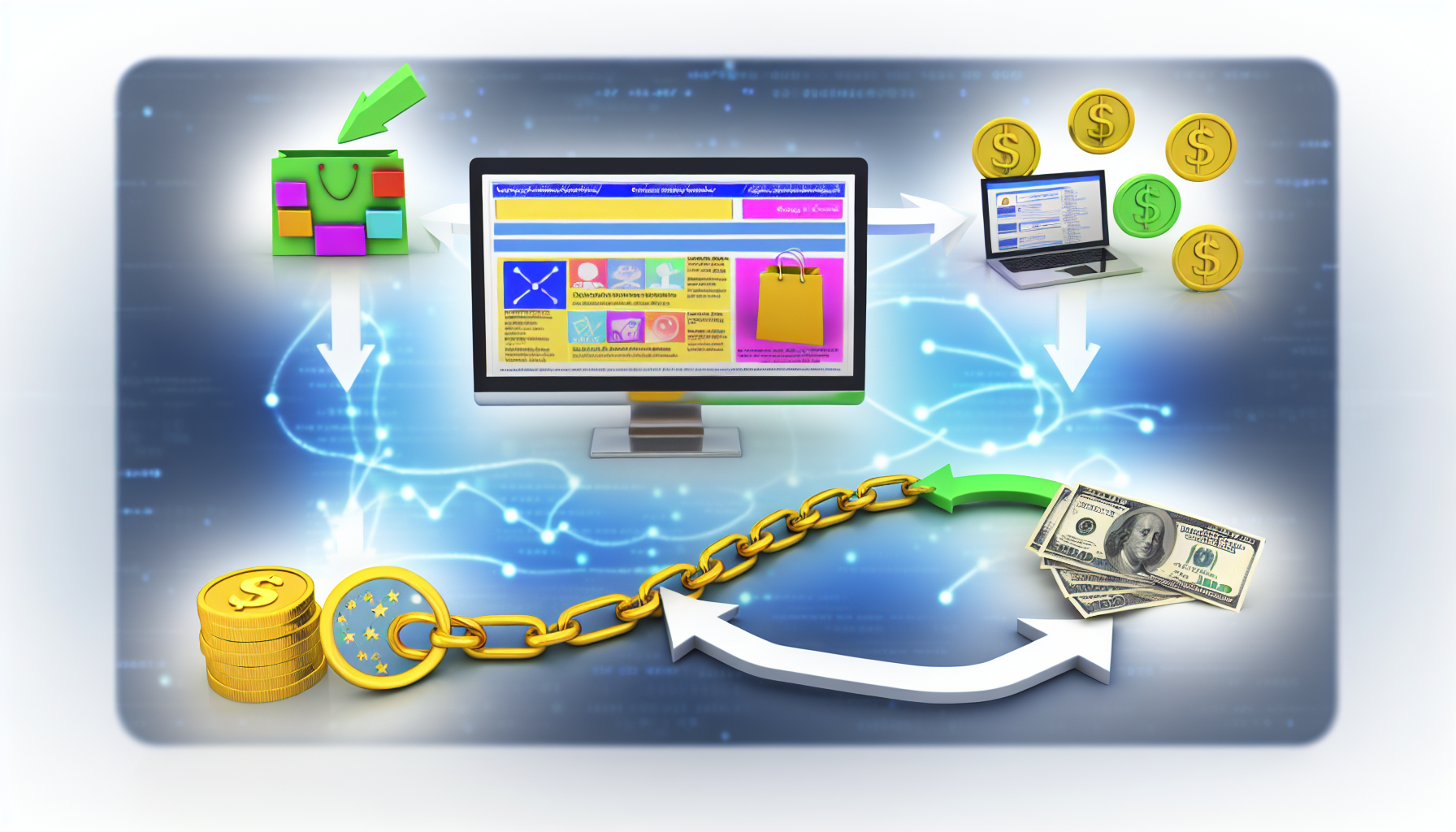 Ein konzeptionelles Bild, das den Prozess des Geldverdienens online durch Affiliate-Marketing veranschaulicht. Dieses abstrakte Diagramm könnte einen Computerbildschirm zeigen, der eine bunt gestaltete Einkaufsseite mit verschiedenen Produktangeboten anzeigt, einen Benutzer, der auf ein Produkt klickt, ein Flussdiagramm, das den Weg vom Klick zur Einzelhandelsseite darstellt, eine visuelle Darstellung des Affiliate-Links (vielleicht als goldene Kettenglied), und schließlich Münzen oder Scheine, die in eine digitale Brieftasche fließen und den Gewinn aus erfolgreichen Empfehlungen symbolisieren.