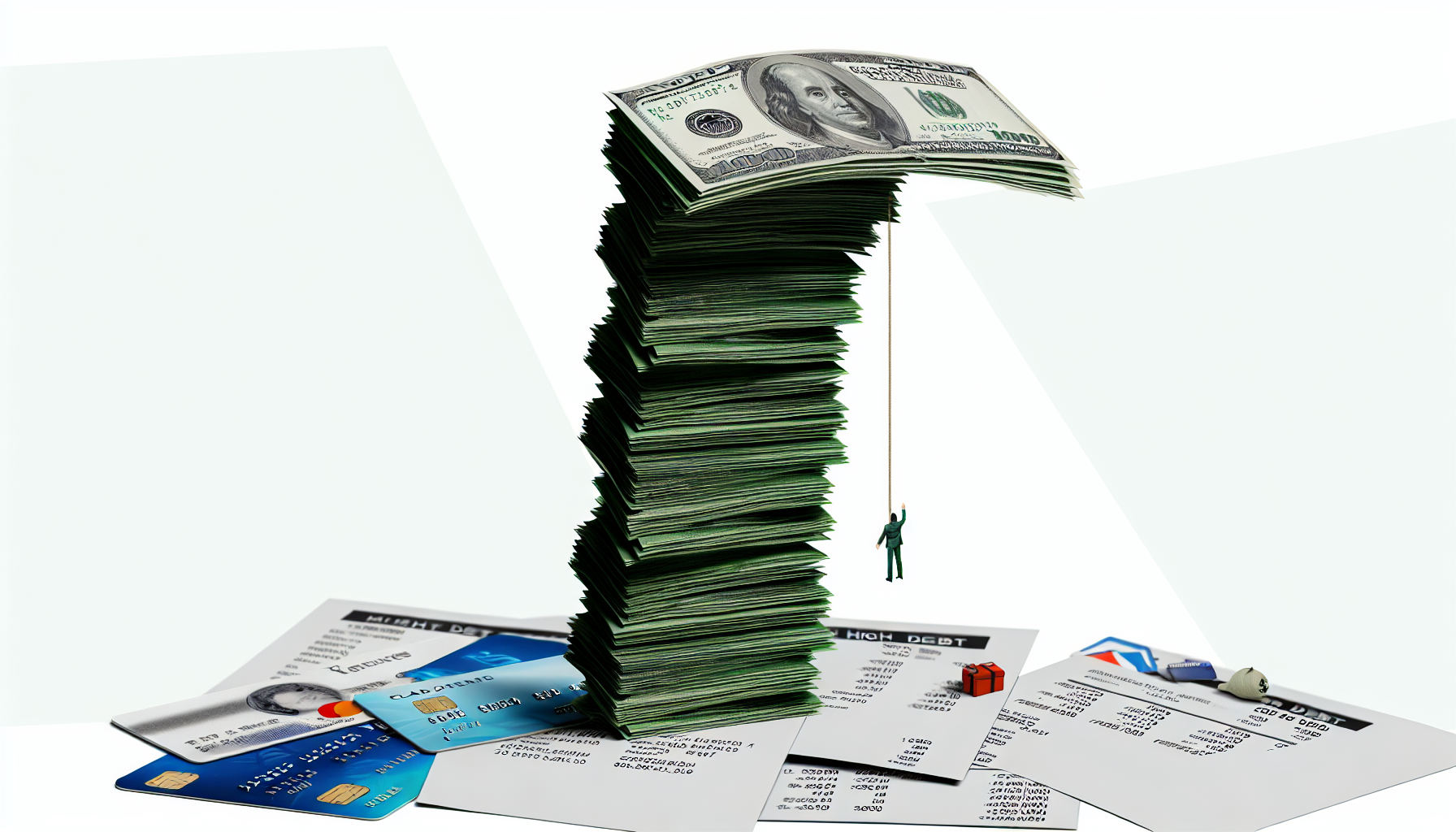 Eine allegorische Darstellung hoher Schulden, dargestellt als ein türmender Haufen von Dollar-Scheinen, Kreditkarten und Rechnungen, der in den Himmel ragt. Das Ausmaß der Schulden wird betont, indem kleine Alltagsgegenstände an der Basis und eine Person, die unten steht und mit Unglauben nach oben schaut, einbezogen werden. Der Haufen wankt bedrohlich, was die Prekarität symbolisiert, die mit hohen Schulden verbunden ist.