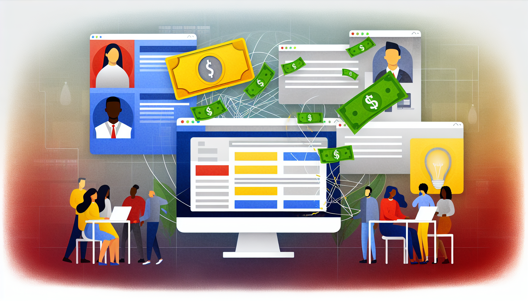 Eine illustrierte Darstellung des Konzepts „Online-Geldverdienen versus Affiliate-Marketing“. Zeigen Sie einen modernen, minimalistischen digitalen Arbeitsplatz mit einem Computer, auf dem mehrere Browser-Tabs geöffnet sind, die eine Vielzahl von Affiliate-Programmen anzeigen, wobei jedes durch ein anderes Symbol repräsentiert wird. Fügen Sie eine animierte Darstellung von Geldscheinen hinzu, die in eine digitale Brieftasche auf dem Computerbildschirm fliegen, was das Konzept des Geldverdienens online symbolisiert. Im Hintergrund ist eine vielfältige Gruppe von Menschen zu sehen, darunter ein hispanischer Mann, eine südasiatische Frau, ein kaukasischer Mann und eine arabische Frau, die aktiv an Diskussionen teilnehmen und an ihren Laptops arbeiten.