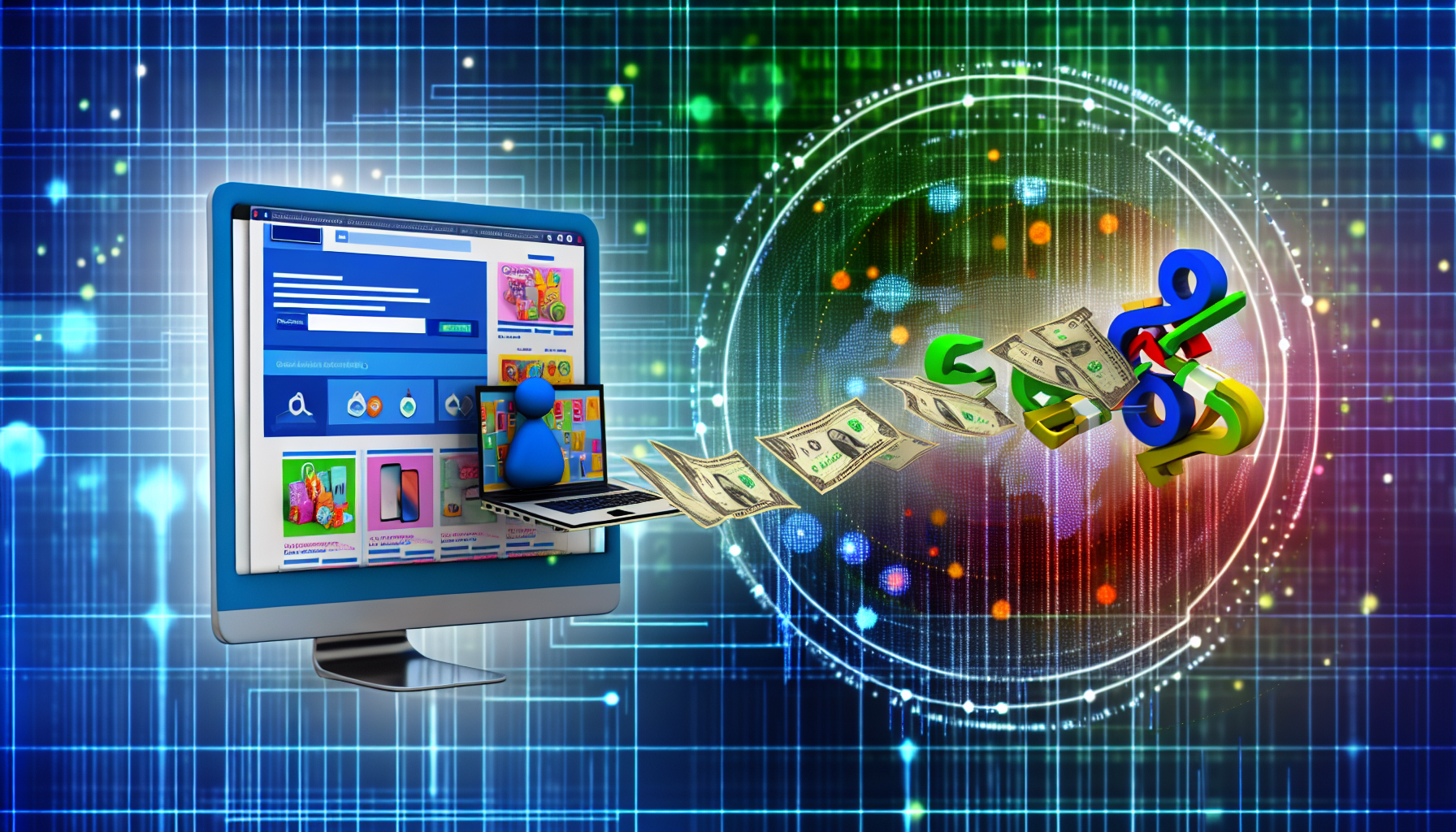 Eine Darstellung des Konzepts, online Geld zu verdienen durch Affiliate-Marketing. Zeigen Sie einen Computerbildschirm, der eine Affiliate-Marketing-Website mit verschiedenen Produktanzeigen zeigt. Daneben fließt Geld aus dem Bildschirm, was das generierte Einkommen symbolisiert. Im Hintergrund eine symbolische Landschaft der digitalen Welt mit Datenströmen und Netzwerkverbindungen. Bitte sorgen Sie für eine bunte und lebendige Komposition, die ein Gleichgewicht zwischen Realismus und Symbolik hält.