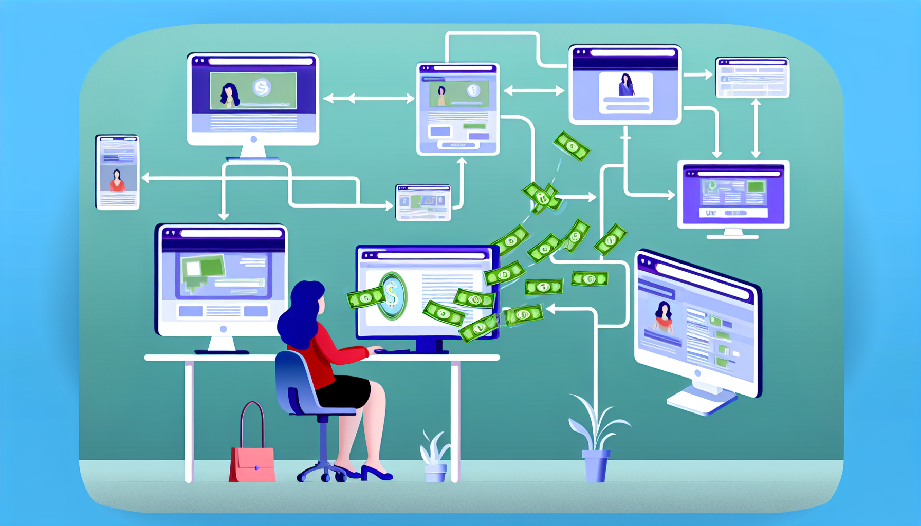 Stellen Sie das Konzept des Geldverdienens online durch Affiliate-Marketing dar. Zeigen Sie eine Reihe von verbundenen Desktops und Laptops, auf denen Webseiten mit verschiedenen Produkten angezeigt werden. Stellen Sie dar, wie Geld von einem Bildschirm zum anderen fließt, was die Provision symbolisiert, die durch Affiliate-Marketing verdient wird. Fügen Sie eine Person hinzu, eine erwachsene kaukasische Frau, die an einem Schreibtisch sitzt und diesen Prozess an ihrem Computer überwacht, wobei sie die Zufriedenheit und den finanziellen Erfolg des Online-Geschäfts widerspiegelt. Alle Elemente und Charaktere in dieser Szene sollten in einem digitalen, zeitgenössischen Stil dargestellt werden.