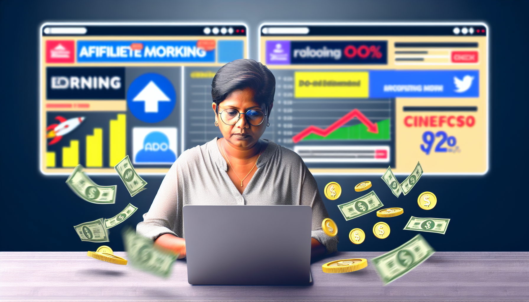 Eine Konzeptdarstellung des Geldverdienens online durch Affiliate-Marketing. Auf dem Bildschirm sind verschiedene Online-Anzeigen verstreut, zusammen mit Logos von E-Commerce-Websites. Die Person, die vor dem Bildschirm sitzt, ist eine mittelalte südasiatische Frau, die eine Brille trägt und eine lässige Bluse anhat. Sie ist konzentriert und tippt auf ihrem Laptop. Ein Balkendiagramm, das ein progressives Wachstum der Einnahmen zeigt, wird an einem anderen Teil des Bildschirms angezeigt. Münzen und digitale Dollar regnen auf den Tisch und den Laptop, was symbolisch für Einkommen steht.