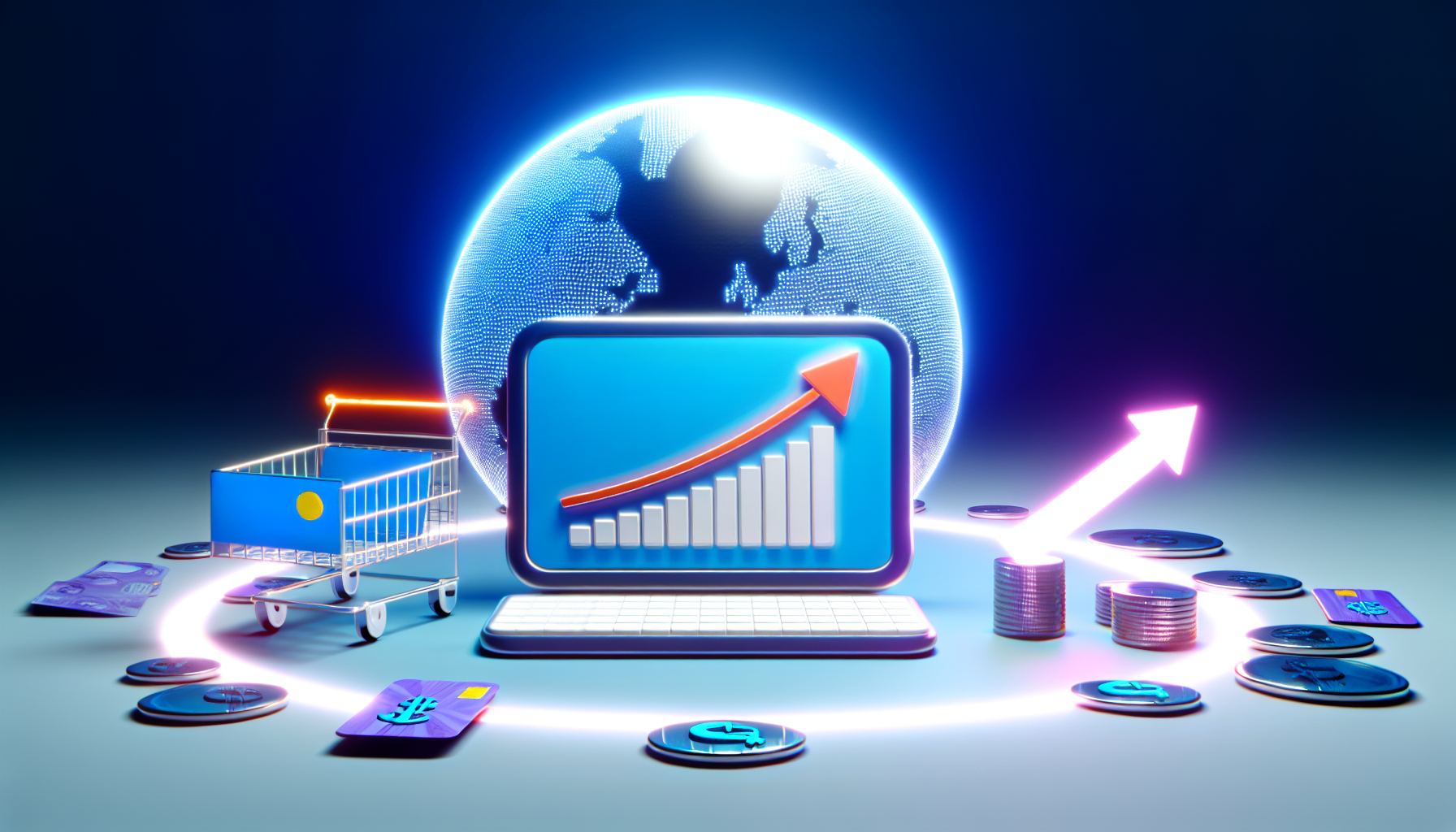 Eine dreidimensionale Illustration, die kreativ das Konzept des Geldverdienens online durch Affiliate-Marketing darstellt. Die Szene zeigt ein schlankes, modernes digitales Gerät, das ein Diagramm anzeigt, das einen Anstieg der Verkäufe demonstriert. Das Gerät steht auf einem Schreibtisch, umgeben von symbolischen Darstellungen des Handels wie Münzen, Kreditkarten und Einkaufswagen. Das Internet wird durch einen leuchtenden Globus repräsentiert, und der Affiliate-Marketing-Prozess wird durch Pfeile vom Globus zu dem Gerät angezeigt, die den Geldfluss darstellen.