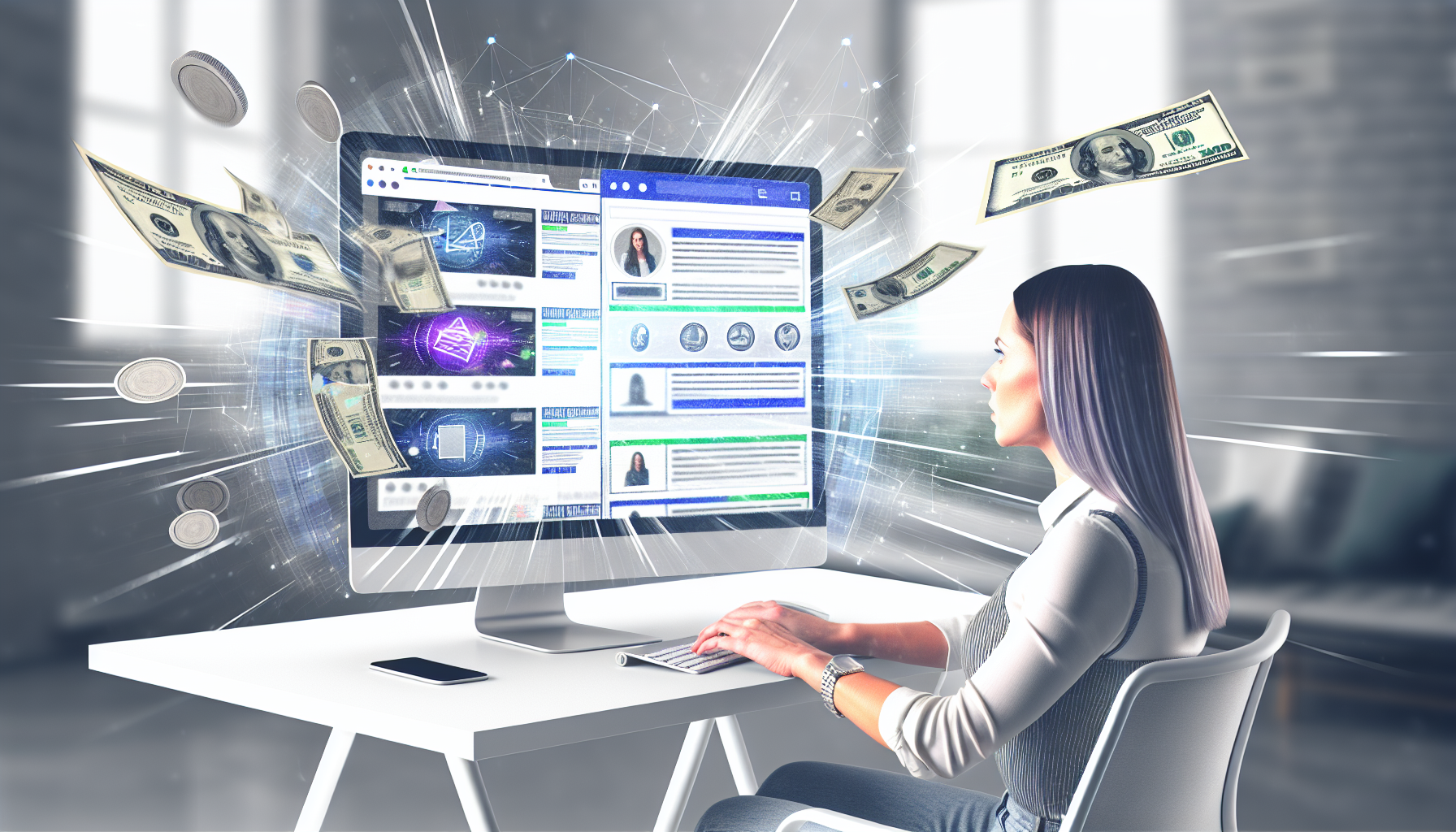 Erstellen Sie ein dynamisches Bild, das das Konzept des Geldverdienens online durch Affiliate-Marketing darstellt. Zeigen Sie einen Desktop-Computer auf einem Schreibtisch in einem modernen Büro. Der Computerbildschirm hat mehrere Browserfenster geöffnet, die verschiedene Affiliate-Marketing-Websites anzeigen. Zeigen Sie eine Person, eine kaukasische Frau, die am Schreibtisch sitzt und konzentriert auf die Informationen auf dem Bildschirm schaut. Fügen Sie visuelle Elemente wie Links, Diagramme und Grafiken auf dem Computerbildschirm hinzu, um den Marketingaspekt zu betonen. Münzen und Geldscheine fliegen aus dem Bildschirm, um die Einnahmen darzustellen, die durch Affiliate-Marketing generiert werden.