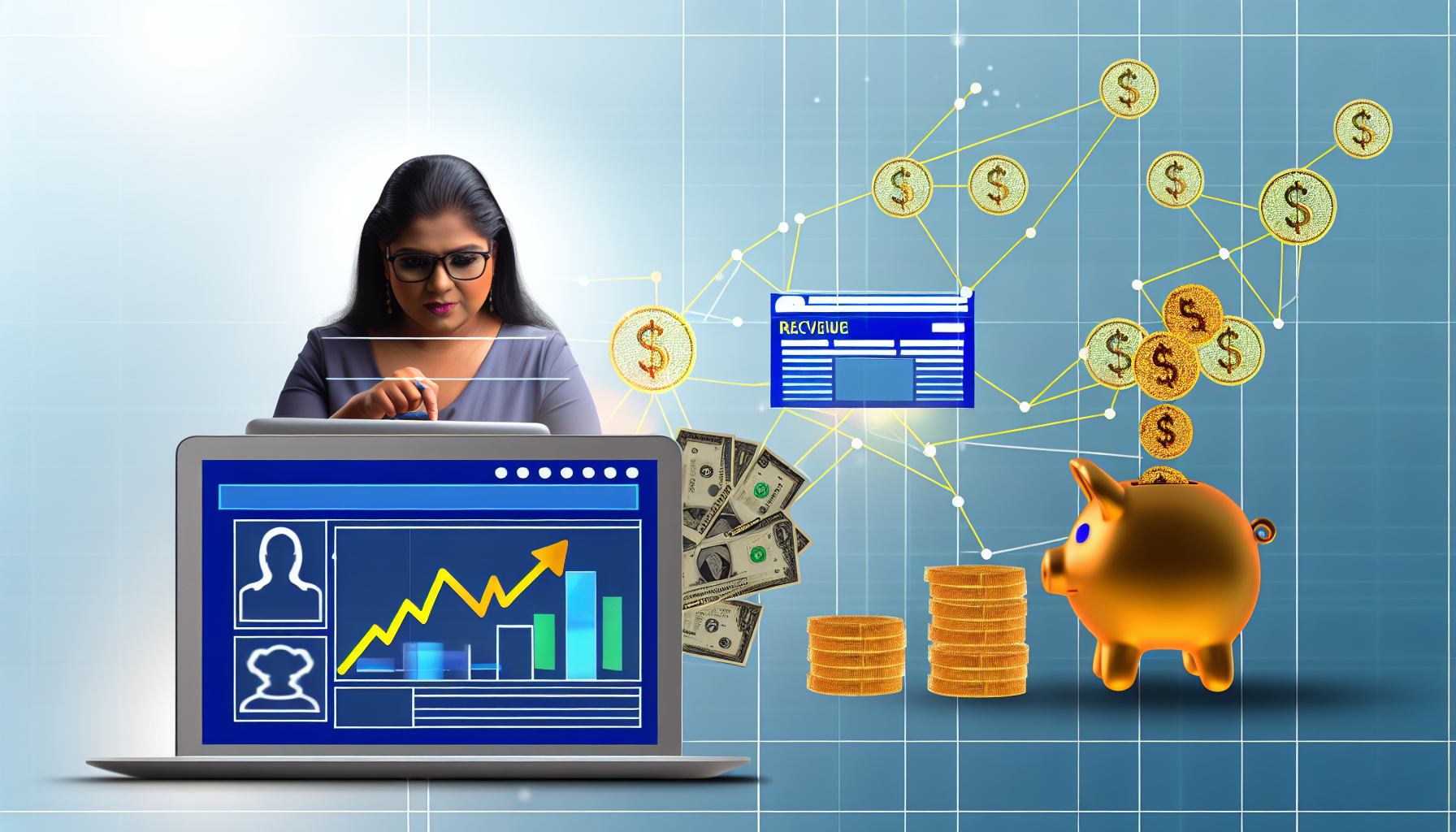 Stellen Sie sich ein konzeptionelles Bild vor, das den Prozess des Geldverdienens durch Affiliate-Marketing online darstellt. Das Bild könnte einen Laptop zeigen, auf dem verschiedene Websites geöffnet sind, die verschiedene Produkte bewerben. Eine Person, eine südasianische Frau, ist zu sehen, wie sie mit dem Laptop interagiert. Das Konzept von Einnahmen oder Geld könnte symbolisch durch ein steigendes Diagramm oder goldene Münzen dargestellt werden, die zu einem virtuellen Sparschwein hinzugefügt werden. Abstrakte Netzwerklinien, die die Websites, die Person und das Einkommen verbinden, könnten das Konzept der Affiliate-Verlinkung symbolisieren.