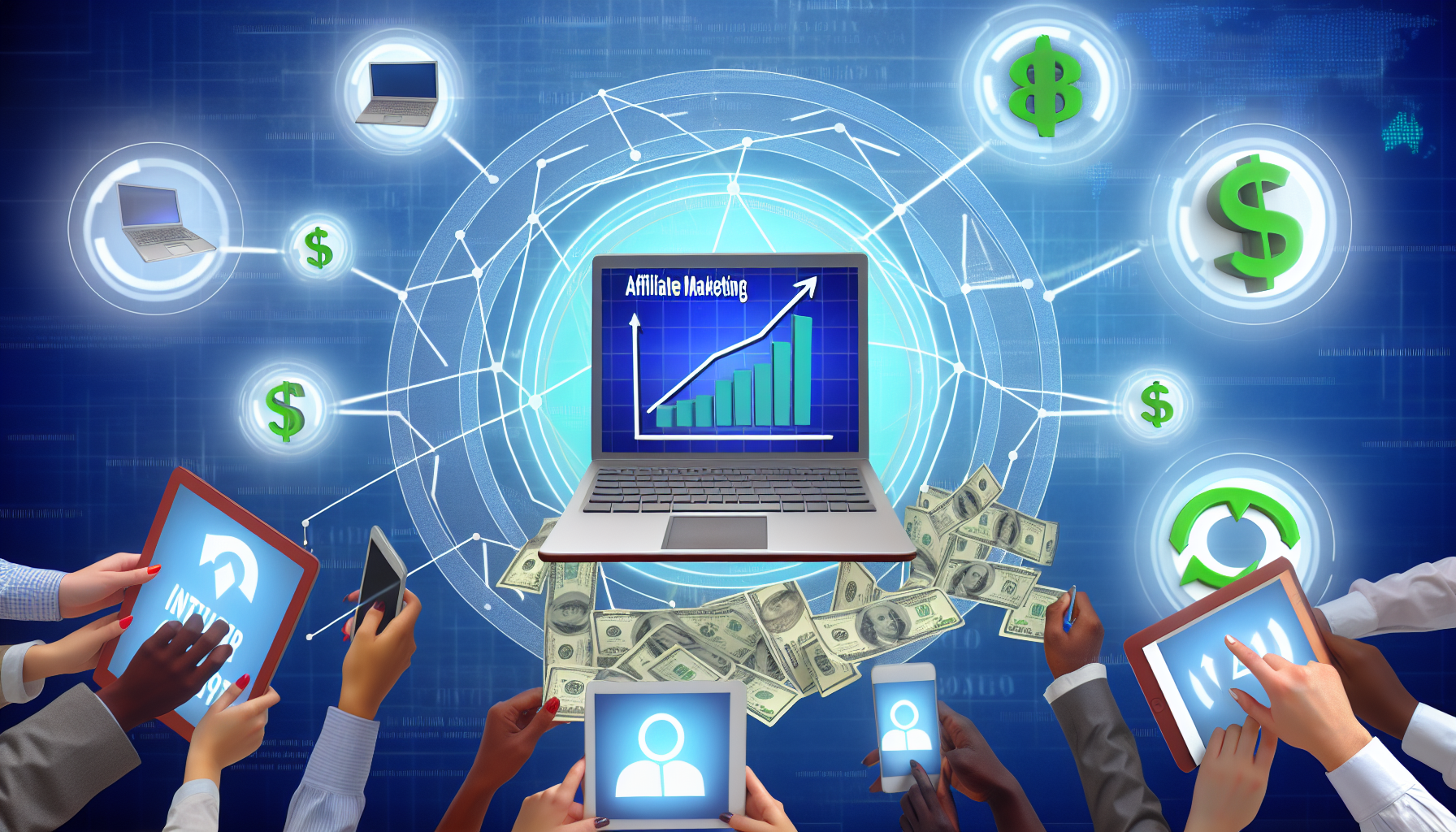 Stellen Sie sich eine Darstellung von Online-Geldverdienmethoden vor, die sich auf Affiliate-Marketing konzentriert. In der Mitte befindet sich ein Laptop, der ein Diagramm mit steigenden Verkaufszahlen anzeigt. Drehen Sie die Ansicht, um Symbole für Internetverbindungen, Währungsnoten und Logos für Affiliate-Marketing einzubeziehen. Um die Szene herum interagieren multinationale Personen mit verschiedenen digitalen Geräten.