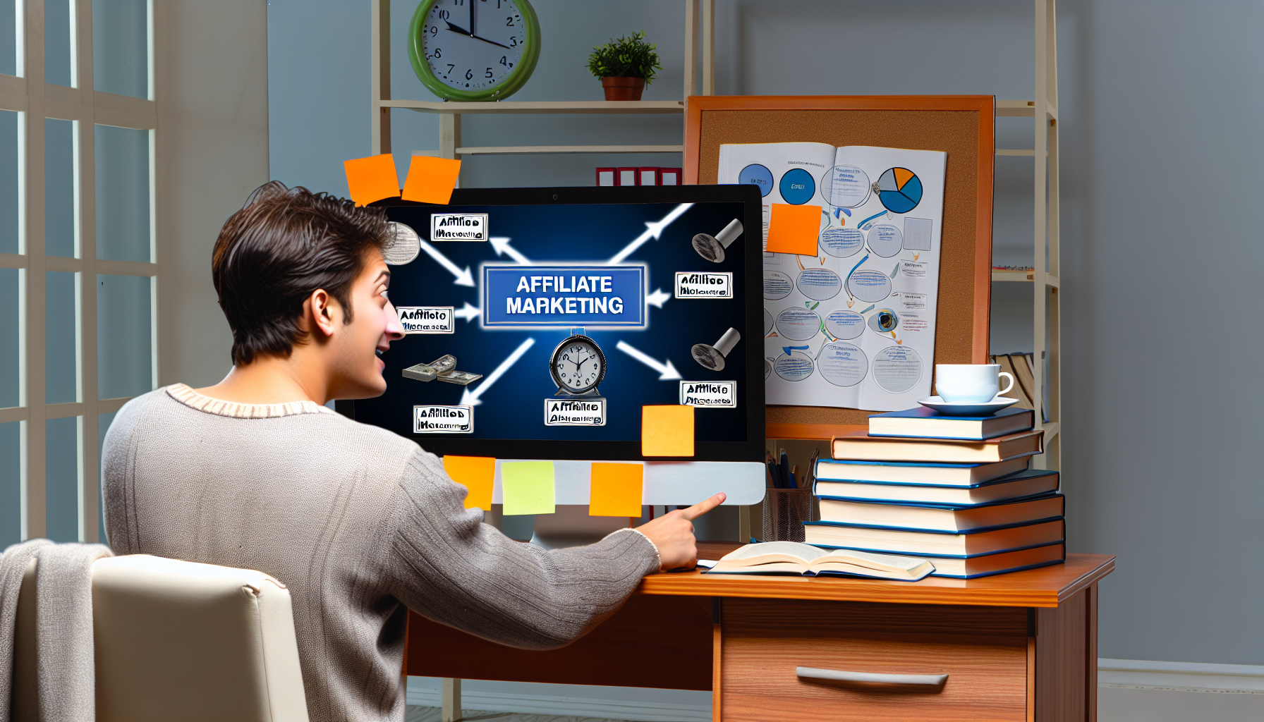 Eine Szene zeigt eine Person, die vor einem Computer in einem Homeoffice sitzt und online Affiliate-Marketing studiert. Neben dem Computer liegen Bücher zu diesem Thema aufgeschlagen, und auf dem Bildschirm sind Diagramme zu sehen, die den Ablauf des Affiliate-Marketings darstellen. Die Person zeigt begeistert auf den Bildschirm, was das Potenzial zur Einkommensgenerierung symbolisiert. Post-it-Notizen, eine Tasse Kaffee und eine digitale Uhr, die späte Nachtstunden anzeigt, verdeutlichen das Engagement und die Anstrengungen, die damit verbunden sind.