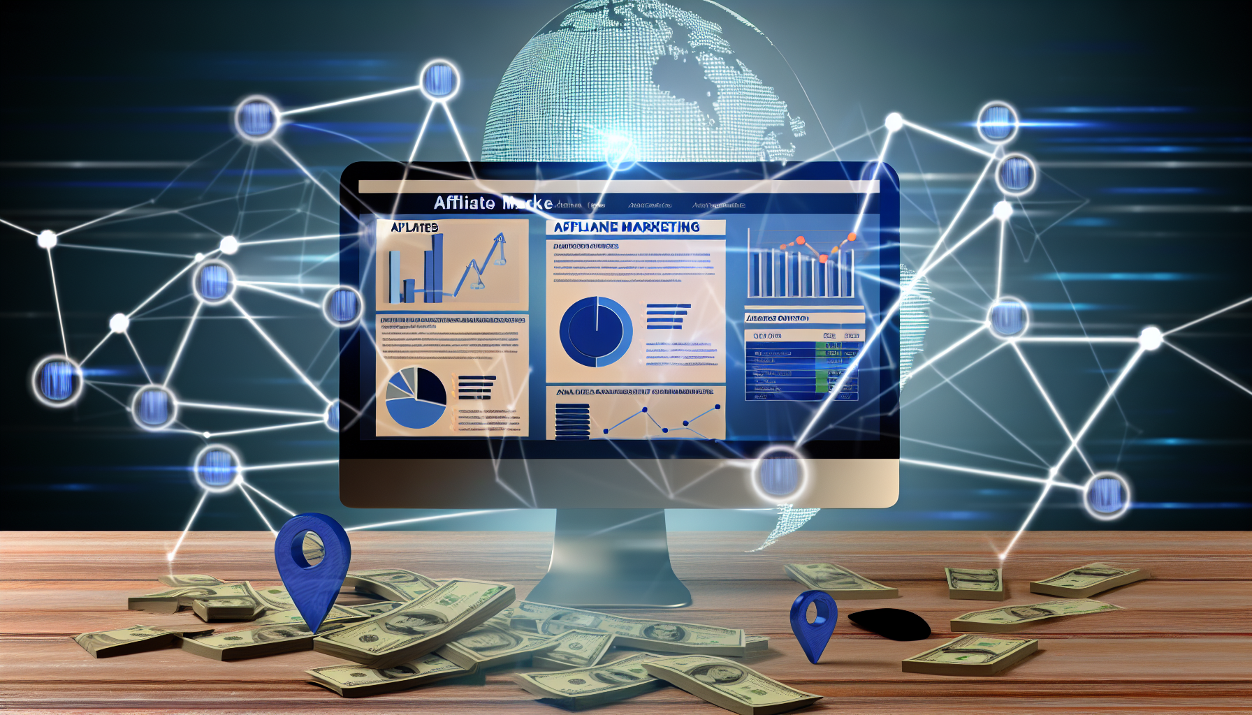 Konzeptionelle Darstellung des Online-Geldverdienens durch Affiliate-Marketing. Fangen Sie den Bildschirm eines Desktop-Computers ein, der Webseiten zeigt, die verschiedene Online-Marketing-Strategien darstellen. Fügen Sie Elemente wie Grafiken, Diagramme oder Infografiken hinzu, die sich auf die Verkaufsleistung von Affiliates, Links, Zielgruppenansprache und Einnahmengenerierung beziehen. Bereichern Sie die Szene mit digitalen Münzen oder Papiergeld, die aus dem Computerbildschirm überfließen, um die Einnahmen zu symbolisieren. Zeigen Sie ein globales elektronisches Netzwerk im Hintergrund, um die weltweite Reichweite des Internetmarketings zu verdeutlichen.