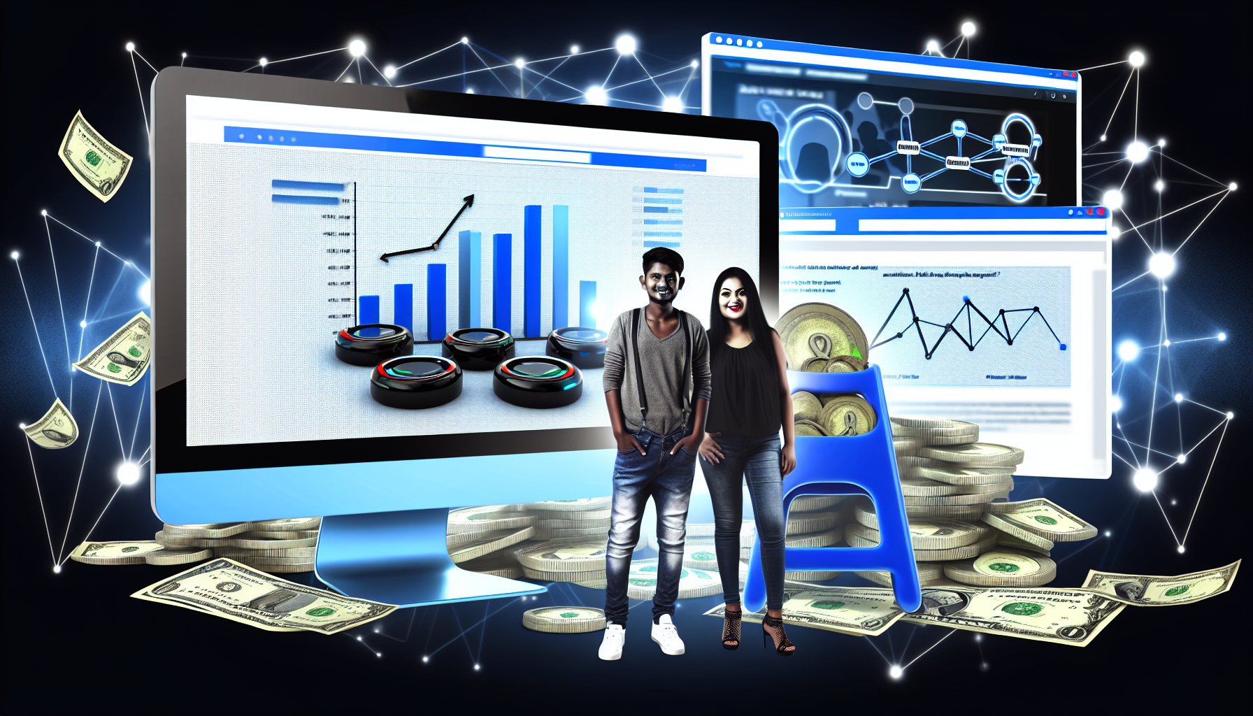 Ein Bild, das das Konzept des Online-Geldverdienens durch Affiliate-Marketing zeigt. In der Mitte des Bildes befindet sich ein Computer, der in Blau- und Schwarztönen gestaltet ist, mit mehreren geöffneten Internetbrowser-Tabs auf dem Bildschirm, die verschiedene Affiliate-Marketing-Strategien demonstrieren. Der Bildschirm zeigt deutlich Analysediagramme, Empfehlungslinks und geschäftige Netzwerkdiagramme, um Konnektivität und Vernetzung zu symbolisieren. Im Hintergrund liegt ein HAUFEN von Münzen und Geldscheinen, der das verdiente Geld darstellt. Im Vordergrund lächeln ein südasianischer Mann und eine schwarze Frau, beide in lässiger Kleidung, was die Leichtigkeit und den Erfolg der genannten Methode suggeriert.