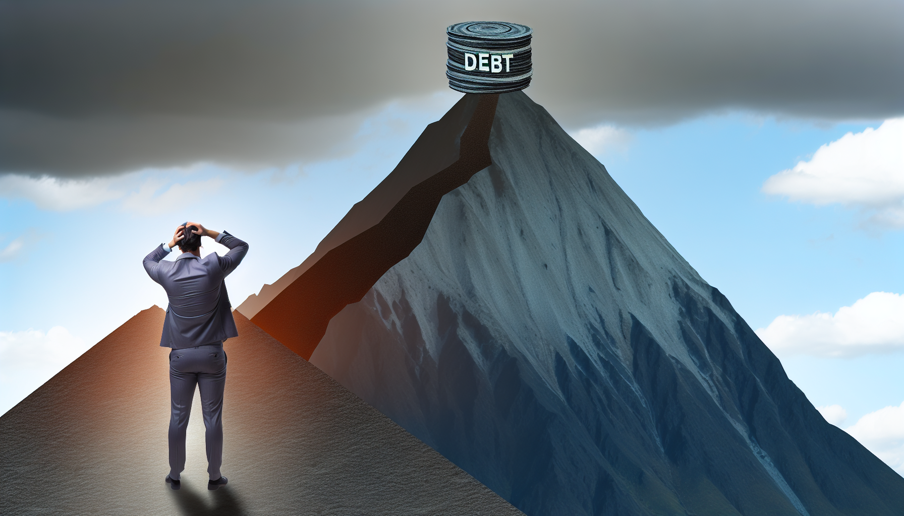 Ein metaphorisches Bild, das hohe Schulden darstellt. Die Visualisierung zeigt einen großen Berg im Hintergrund, der die Schulden repräsentiert, mit einer Person an seiner Basis, die zum Gipfel hinaufblickt. Die Person wirkt gestresst, aber auch entschlossen, was die Last der Schulden und den Willen, sie zu überwinden, symbolisiert. Um die Größe der Herausforderung weiter zu betonen, ist der Himmel bewölkt und der Weg steil und steinig.