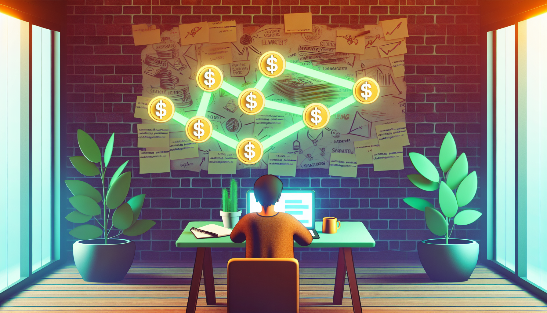 Eine digitale Illustration, die das Konzept des Geldverdienens online durch Affiliate-Marketing darstellt. Eine Person südasiatischer Abstammung arbeitet an einem Laptop an einem Schreibtisch, der mit Pflanzen und Kaffeetassen geschmückt ist. Auf dem Laptop-Bildschirm sind mehrere Links mit Dollarzeichen zu sehen, die den Prozess des Affiliate-Marketings anzeigen. Hinter der Person befindet sich eine Wand, die mit an die Wand geklebten Notizen bedeckt ist, auf denen Strategien und Pläne geschrieben sind. Die Szene ist von warmem Innenlicht durchflutet.