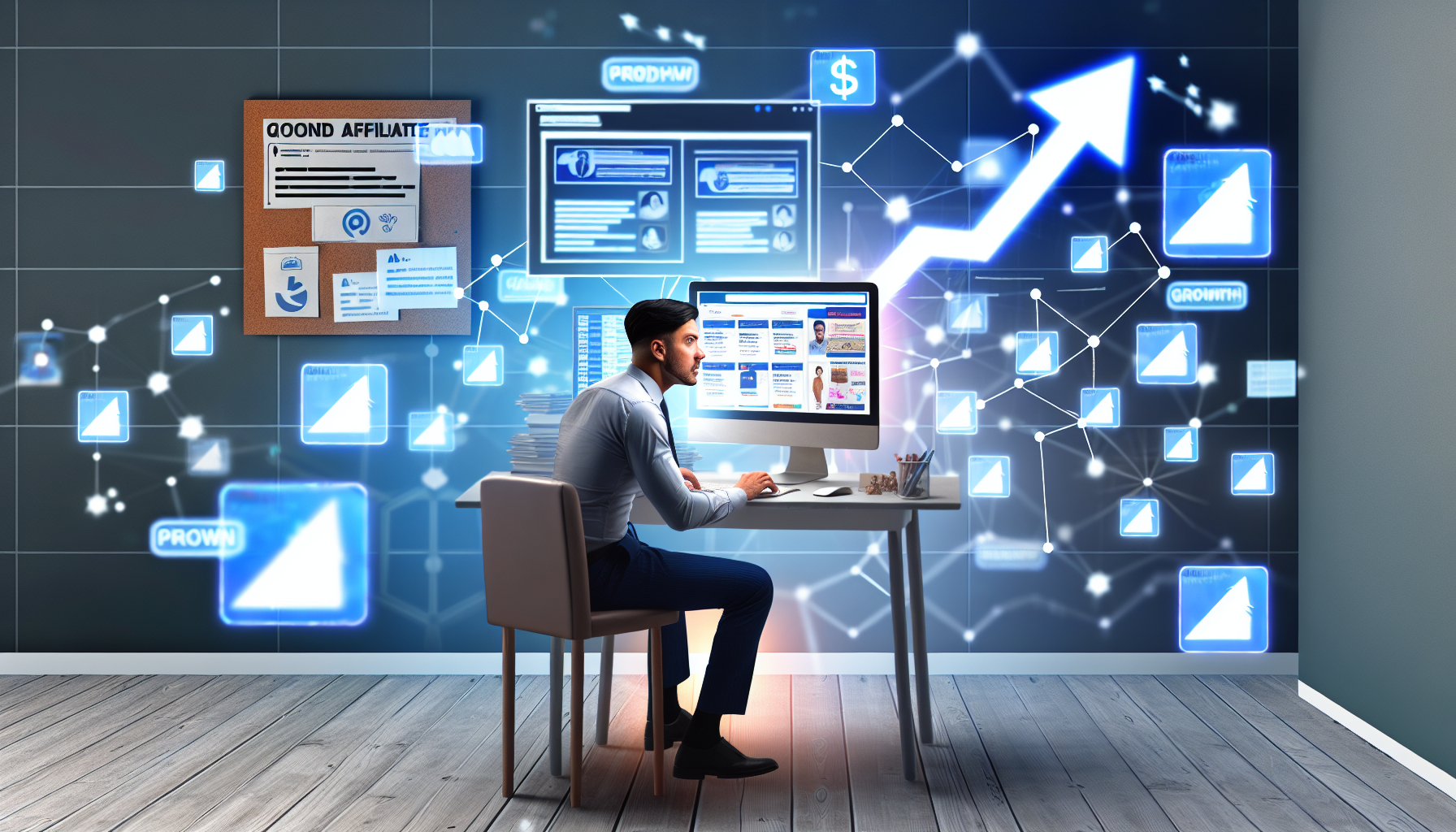 Konzeptionelles Bild, das den Prozess des Online-Verdienens durch Affiliate-Marketing zeigt. Die Szene zeigt einen kaukasischen Mann, der in einem gut beleuchteten Raum vor einem Computer sitzt. Der Computerbildschirm zeigt Grafiken mit steigenden Statistiken und Pfeilen, die Wachstum symbolisieren. Einige Affiliate-Logos sind dezent im Raum verteilt. Der Mann durchsucht mehrere Tabs mit verschiedenen Produktseiten und hat einen entschlossenen Ausdruck im Gesicht. An den Wänden hängen Poster, die gute Marketingpraktiken empfehlen. Es sollten Elemente vorhanden sein, die ein Netzwerk von Verbindungen darstellen, möglicherweise in Form von verbindenden Linien oder Netzen.