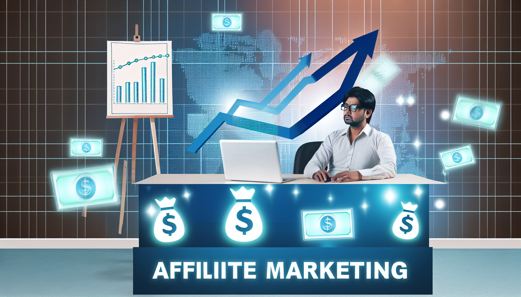 Ein Bild, das das Konzept des Affiliate-Marketings als Methode zur Online-Geldverdienung veranschaulicht. Darstellen Sie einen südasianischen Mann, der an einem Schreibtisch sitzt, mit einem Laptop, auf dem ein Diagramm mit einem Aufwärtstrend zu sehen ist; dies symbolisiert das Wachstum der Einnahmen aus Affiliate-Marketing. Der Raum hat eine digitale Atmosphäre mit schwebenden Internet- und Geldsymbolen. Im Vordergrund sollte ein Banner oder Plakat zu sehen sein, auf dem 'Affiliate Marketing' geschrieben steht. Der Mann sieht zufrieden aus, was auf erfolgreiche Online-Einnahmen hinweist.