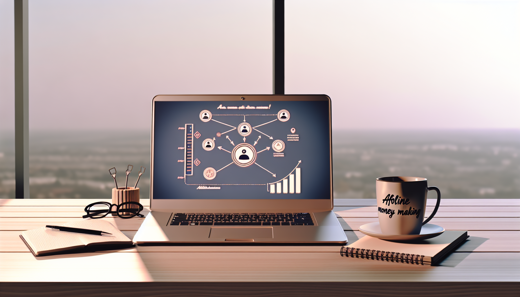 Ein minimalistisches Online-Arbeitsplatz-Setup mit einem Laptop, einer Kaffeetasse und einem Notizbuch. Auf dem Bildschirm des Laptops befindet sich eine stilisierte Infografik, die das Konzept des Affiliate-Marketings veranschaulicht, mit verschiedenen Symbolen für Produzenten, Affiliates und Verbraucher, die durch Pfeile verbunden sind, um den Prozess darzustellen. Ein Balkendiagramm auf der rechten Seite des Bildschirms zeigt einen positiven Trend bei den Einnahmen. Der suggestive Satz „Online Geld verdienen“ ist oben auf dem Bildschirm sichtbar. Die Kaffeetasse trägt ein einfaches motivierendes Zitat über Erfolg. Durch das unsichtbare Fenster ist eine ruhige Stadtansicht zu sehen, die sanftes Nachmittagslicht in den Raum strömen lässt.