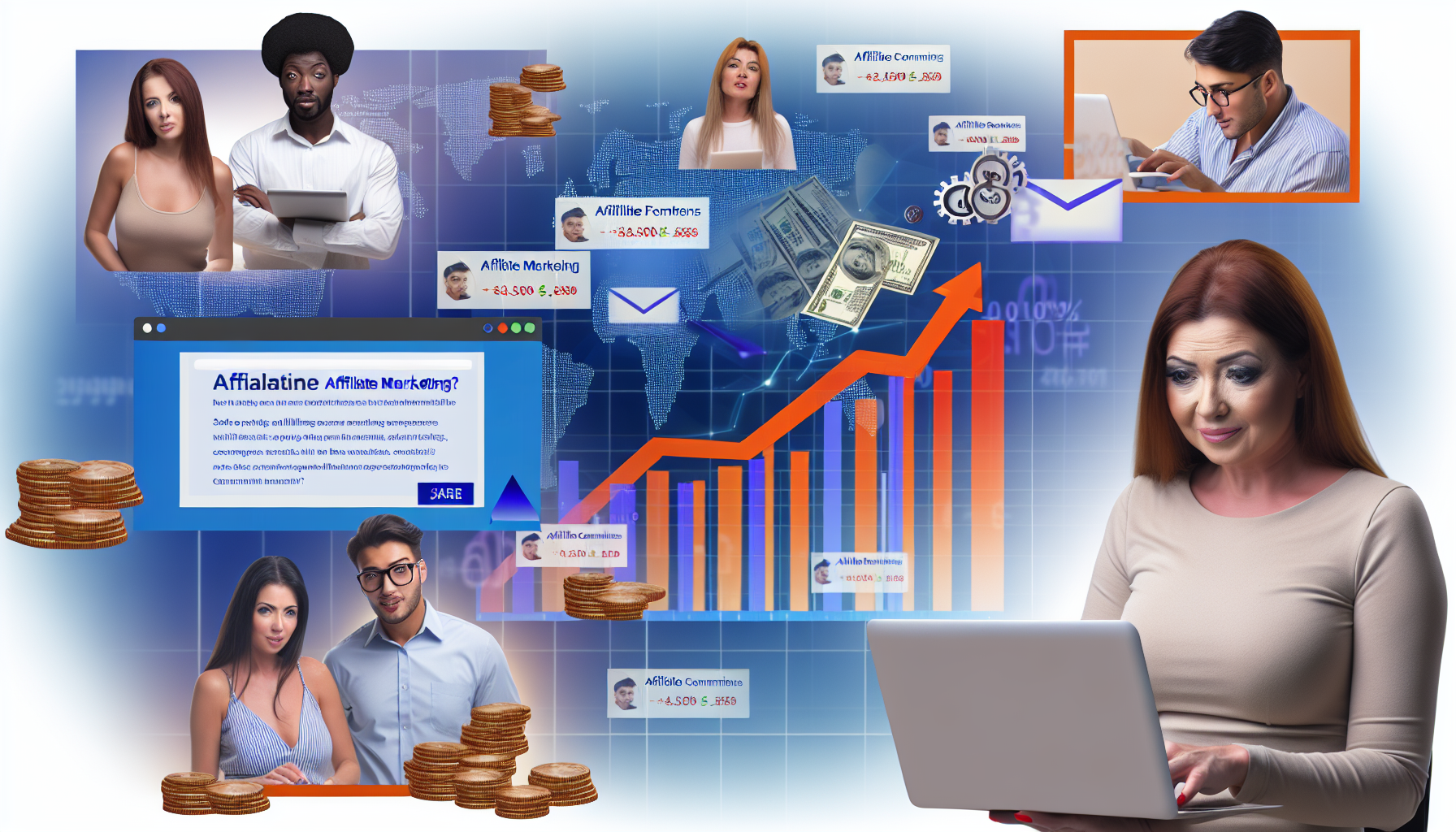 Eine visuelle Darstellung des Affiliate-Marketings als Möglichkeit, online Geld zu verdienen. Die Szene zeigt eine kaukasische Frau an einem Laptop, der Bildschirm zeigt aufwärts gerichtete Verkaufsdiagramme und Affiliate-Links. Online-Benachrichtigungen, die Einkommen aus Affiliate-Provisionen anzeigen, erscheinen. Im Hintergrund sind diverse ethnische Käufer zu sehen - ein südasianischer Mann, eine hispanische Frau und ein nahöstlicher Mann - die Online-Einkäufe tätigen. Weitere Elemente, wie eine Weltkarte, die die Internetverbindung zeigt, und Währungssymbole, können ebenfalls verwendet werden, um die Gewinne von Kunden weltweit zu symbolisieren.