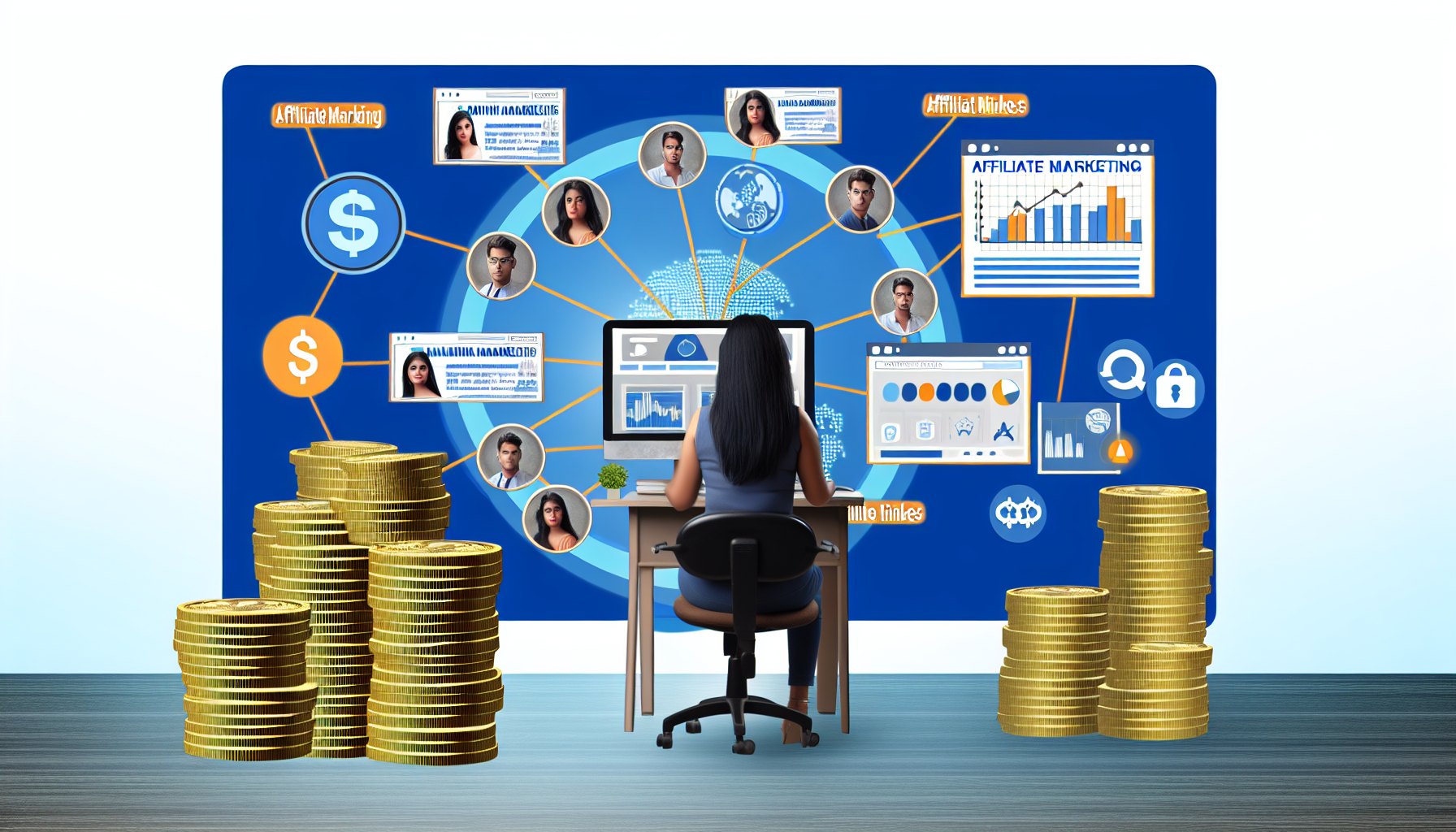 Visualisieren Sie einen Online-Geldverdienprozess, der eine Einzelperson zeigt, die Affiliate-Marketing betreibt. Stellen Sie eine südasianische Frau dar, die vor einem Computerbildschirm sitzt, der verschiedene Grafiken, Diagramme und Affiliate-Links anzeigt. Sie interagiert über den Bildschirm mit einem globalen Netzwerk von Kunden. Neben ihr symbolisieren Stapel digitaler Münzen die Einnahmen aus dem Marketing. Fügen Sie Elemente wie Marketing-Tools, Social-Media-Icons und digitale Banner hinzu, um die Online-Marketing-Umgebung darzustellen.