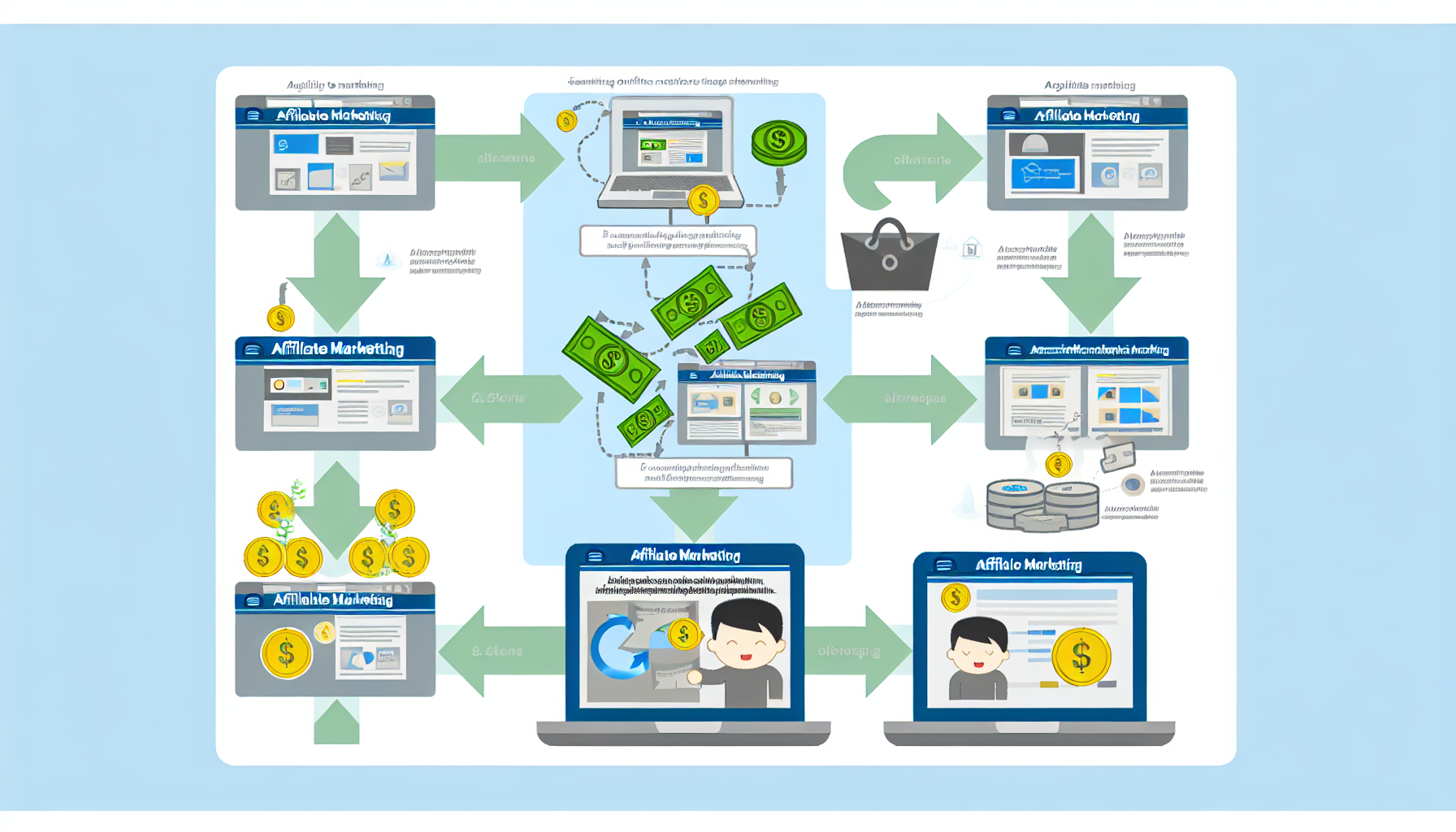 Eine informative und detaillierte Infografik, die den Prozess des Geldverdienens online durch Affiliate-Marketing erklärt. Das Bild sollte visuell die Abfolge der notwendigen Schritte im Affiliate-Marketing-Prozess darstellen. Zeigen Sie auf der einen Seite einen Laptop mit einer Website, die verschiedene Produkte anzeigt, und auf der anderen Seite verschiedene Online-Plattformen, auf denen diese Produkte vermarktet werden. Darüber hinaus sollte ein Geldfluss zu einer lächelnden Person dargestellt werden, der die generierten Einnahmen anzeigt. Vergessen Sie nicht, Schlüsselwörter im Zusammenhang mit Affiliate-Marketing, die im gesamten Bild verteilt sind, einzufügen.