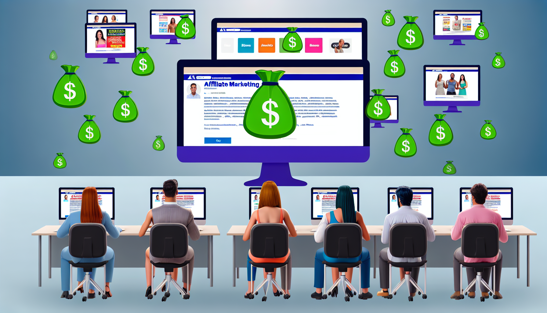 Eine Szene, die das Konzept des Geldverdienens online durch Affiliate-Marketing darstellt. Zeigen Sie eine vielfältige Mischung von Menschen - männlich, weiblich, kaukasisch, südasiatisch, hispanisch und nahöstlich - die hinter Computern sitzen und auf Links auf Websites klicken, die Affiliate-Marketing symbolisieren. Fügen Sie schwebende Dollarzeichen um sie herum hinzu, um das Konzept des 'Verdienens' zu verdeutlichen. Die Computer sollten verschiedene Logos gängiger Produkte anzeigen - ohne spezifische echte Unternehmenslogos. Die gesamte Szene sollte positiv und mit lebendigen Farben gestaltet sein, um Wohlstand und Erfolg zu symbolisieren.