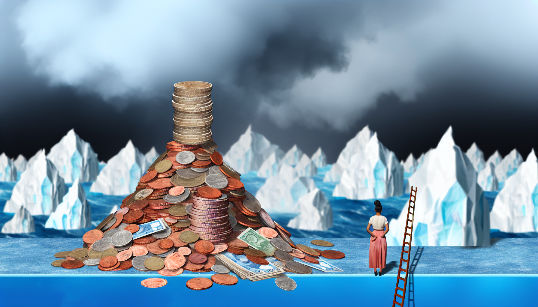 Eine metaphorische Darstellung hoher Schulden. Zeigen Sie einen türmenden Haufen von Münzen und Banknoten, der am Rande des Zusammenbruchs balanciert. Eisberge in einem stürmischen Meer im Hintergrund repräsentieren den unsichtbaren Teil der Schulden. Eine Leiter, die gegen den Haufen lehnt, deutet auf den Kampf hin, ihn zu überwinden. Fügen Sie zwei Figuren am Fuß des Haufens hinzu, einen männlichen Individuum mit mittlerer orientalischer Abstammung und ein weibliches Individuum mit südasiatischer Abstammung, die beide mit einer Mischung aus Entschlossenheit und Besorgnis nach oben schauen.