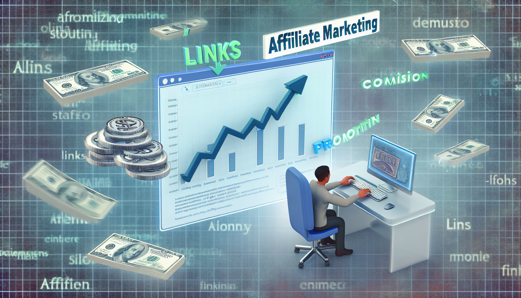 Eine Visualisierung des Prozesses des Affiliate-Marketings. In der Mitte sieht man einen mittelgroßen südasianischen Mann, der an seinem Computer tippt und eine Website für Affiliate-Marketing erstellt. In der Nähe gibt es ein Diagramm, das einen steigenden Graphen zeigt, der den Anstieg der Online-Einnahmen veranschaulicht. Geldscheine und Münzen verschiedener Währungen sind verstreut. Wörter wie 'Links', 'Provision' und 'Promotion' schweben in der Luft. Insgesamt vermittelt die atmosphärische Stimmung des Bildes den lukrativen Aspekt des Affiliate-Marketings in der digitalen Welt.