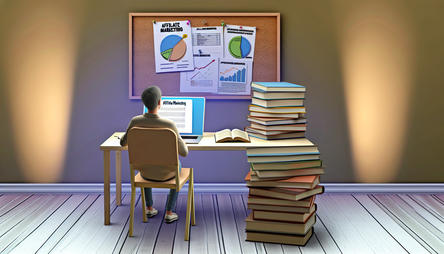 Eine Illustration einer Person kaukasischer Abstammung, die an einem Schreibtisch sitzt, der mit Büchern und einem Laptop vollgestapelt ist. Der Bildschirm des Laptops zeigt hell leuchtende Diagramme und Grafiken, die ein Wachstum des Gewinns anzeigen. Neben dem Laptop liegt ein Buch mit dem Titel 'Affiliate Marketing'. An der Wand dahinter hängt ein Korkbrett mit angehefteten Ausdrucke, die verschiedene Marketingstrategien beschreiben. Der Raum ist sanft beleuchtet und schafft eine ruhige Atmosphäre. Diese Szene repräsentiert das Konzept, online Geld durch Affiliate-Marketing zu verdienen.