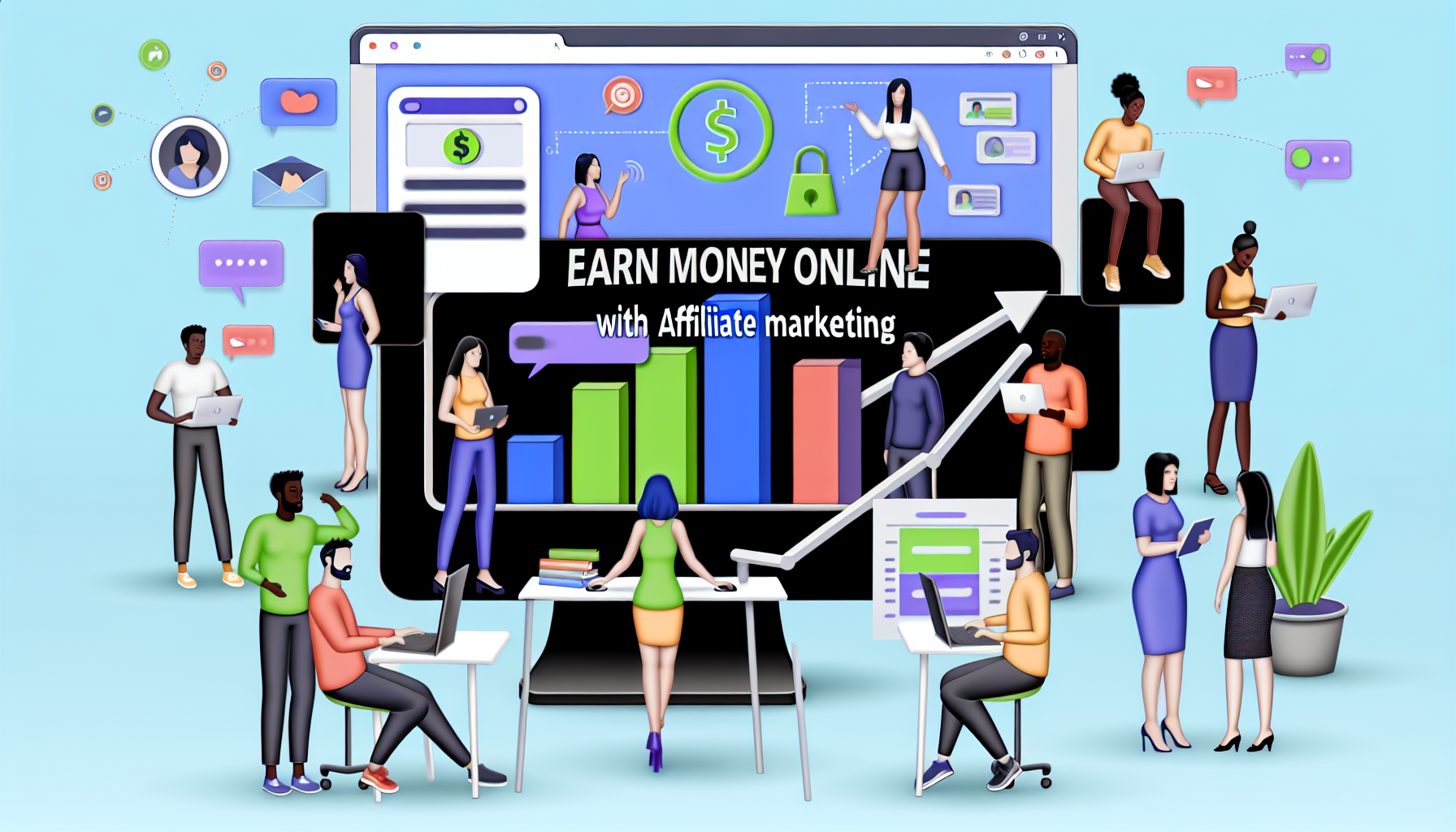 Eine Illustration des Konzepts des Online-Affiliate-Marketings. In der Mitte des Bildes befindet sich ein großer Computerbildschirm, der ein Balkendiagramm zeigt, das steigende Verkaufszahlen darstellt. Rund um den Computer sind verschiedene Menschen zu sehen, die sich mit Online-Aktivitäten beschäftigen, wie das Klicken auf Links, das Schreiben von Blogs und das Teilen von Social-Media-Beiträgen. Einige Personen haben afroamerikanische und hispanische Wurzeln, und es sind sowohl Männer als auch Frauen abgebildet. Oben im Bild steht in stilisierter Schrift: 'Verdiene Geld online mit Affiliate-Marketing'.