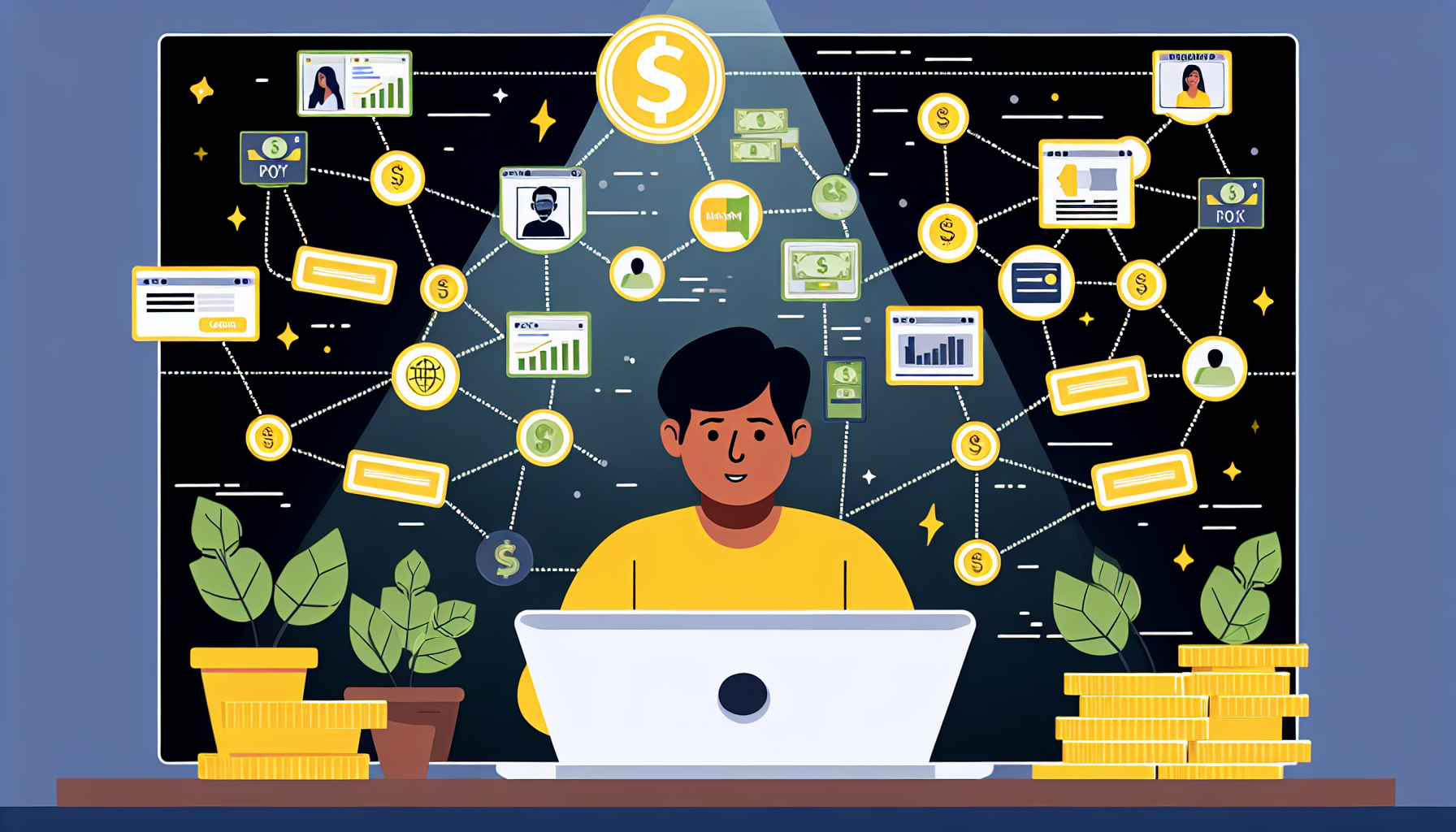 Gestalten Sie eine informative und ansprechende Illustration, die das Konzept des „Geldverdienens online durch Affiliate-Marketing“ darstellt. Die Szene sollte ein Netzwerk von Verbindungen zwischen verschiedenen Websites zeigen, die durch unterschiedliche Symbole dargestellt werden (wie ein E-Commerce-Symbol, ein Blog-Symbol oder ein Kampagnen-Symbol), mit Münzen oder Geldscheinen, die den Geldfluss von einem Punkt zum anderen anzeigen. In der Mitte sollte eine Person südasiatischer Abstammung, entweder männlich oder weiblich, zu sehen sein, die mit einem Laptop diese Affiliierungen verwaltet, ihr Gesicht erleuchtet vom Erfolg, der auf dem Bildschirm dargestellt wird.