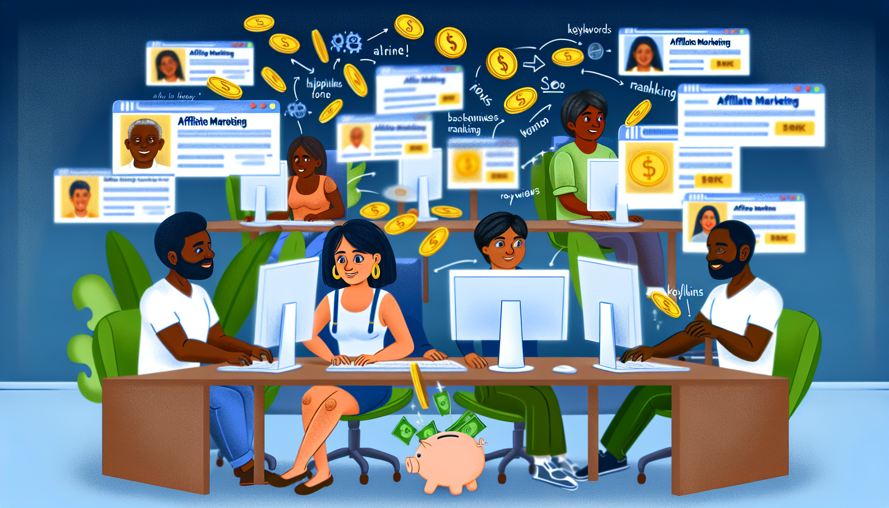 Eine Illustration, die das Konzept des Online-Geldverdienens durch Affiliate-Marketing darstellt. Eine vielfältige Gruppe von Menschen, darunter eine südasianische Frau, ein hispanischer Mann und ein schwarzer Mann, sitzt in ihren Home Offices an ihren Computern. Sie verfolgen begeistert ihren Fortschritt auf ihren Affiliate-Marketing-Websites, während Münzen oder Geldscheine digital von ihren Bildschirmen in ihre Geldbörsen oder Sparschweine fließen. Dies spiegelt den Prozess wider, eine Provision zu verdienen, indem man Produkte oder Dienstleistungen anderer Unternehmen bewirbt. Auch Elemente der Suchmaschinenoptimierung (SEO) sind enthalten, mit Wörtern wie 'Schlüsselwörter', 'Backlinks' und 'Rankings', die im Raum herumschweben.