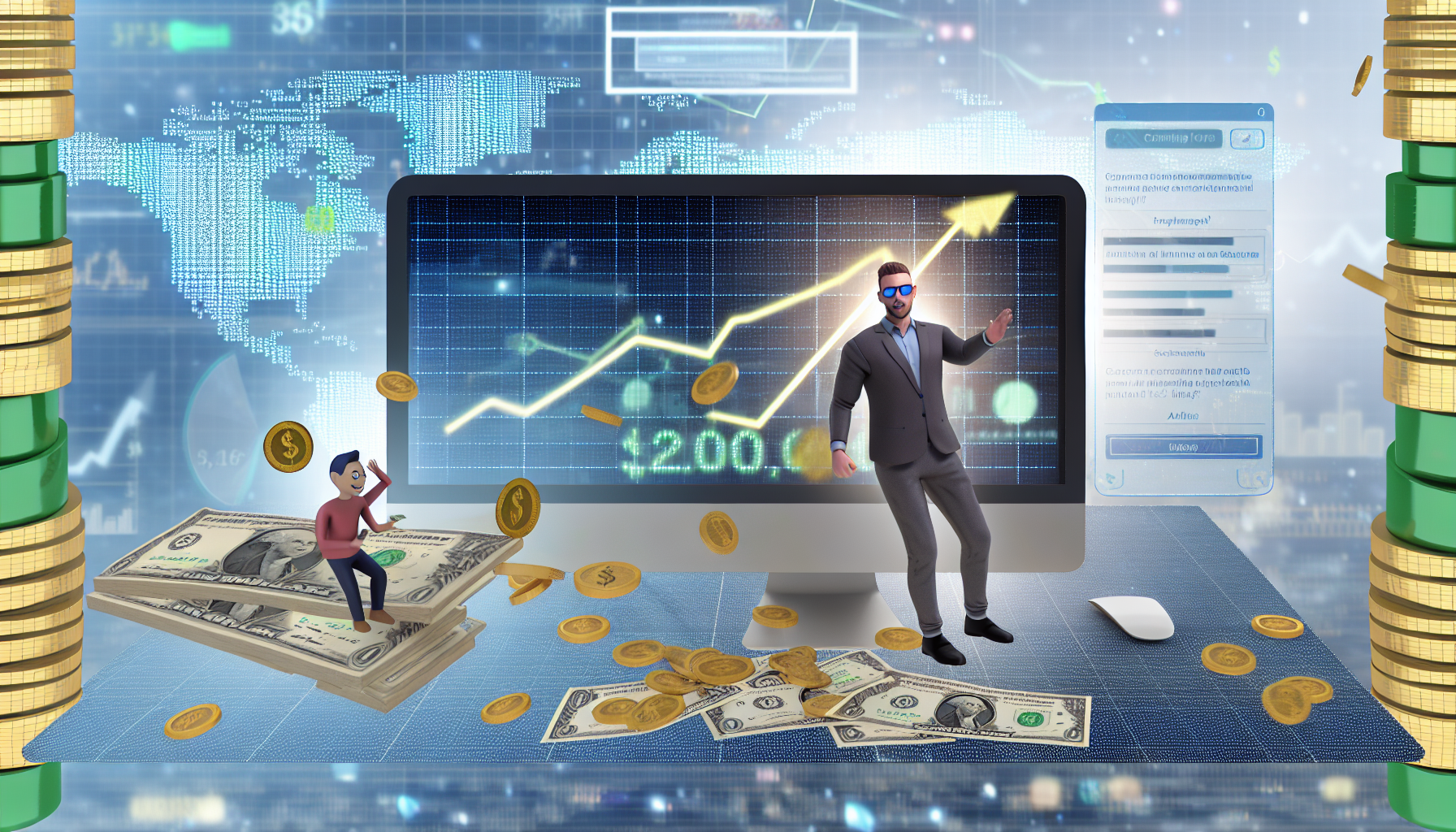 Eine konzeptionelle Darstellung des Geldverdienens online durch Affiliate-Marketing. Inklusive eines Computerbildschirms, der ein Diagramm zeigt, das steigende Gewinne darstellt. Streuen Sie einige Münzen und Banknoten herum, um das verdiente Einkommen zu symbolisieren. Fügen Sie auch einen Avatar eines Affiliate-Marketers hinzu, einen kaukasischen Mann, der aktiv am Prozess beteiligt ist. Der Hintergrund sollte das Gefühl eines geschäftigen digitalen Marktplatzes vermitteln.