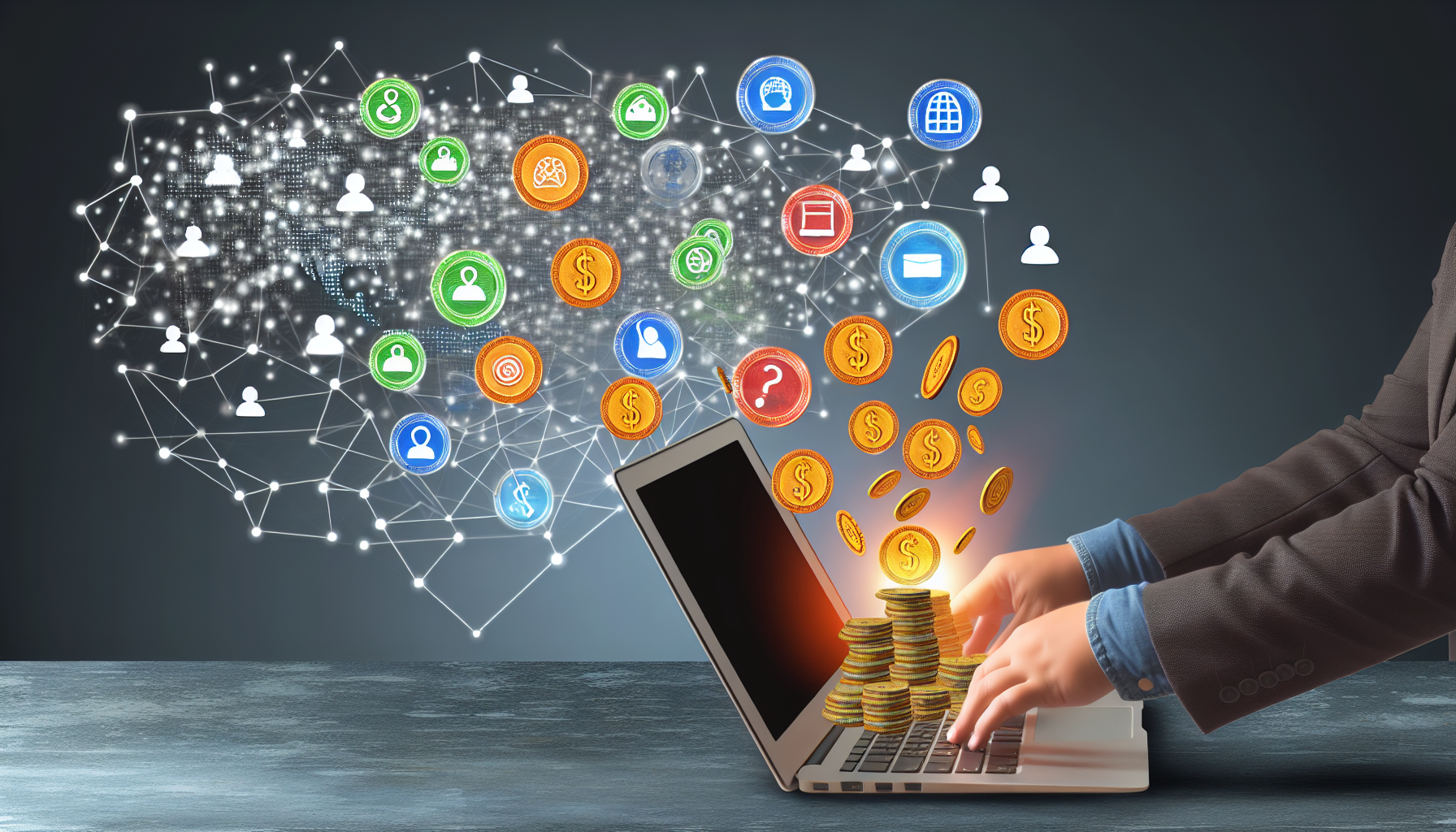 Eine konzeptionelle Illustration, die den Prozess des Geldverdienens online durch Affiliate-Marketing zeigt. Im Vordergrund sitzt eine Person hispanischer Abstammung, die einen Laptop benutzt, auf dem verschiedene Symbole für Waren und Dienstleistungen angezeigt werden. Hinter dem Laptop strömen Münzen heraus, um die Einnahmen darzustellen. Im Hintergrund gibt es ein Netzwerk digitaler Verbindungen, das die Vernetzung und den Austausch von Links zeigt, die charakteristisch für Affiliate-Marketing sind.