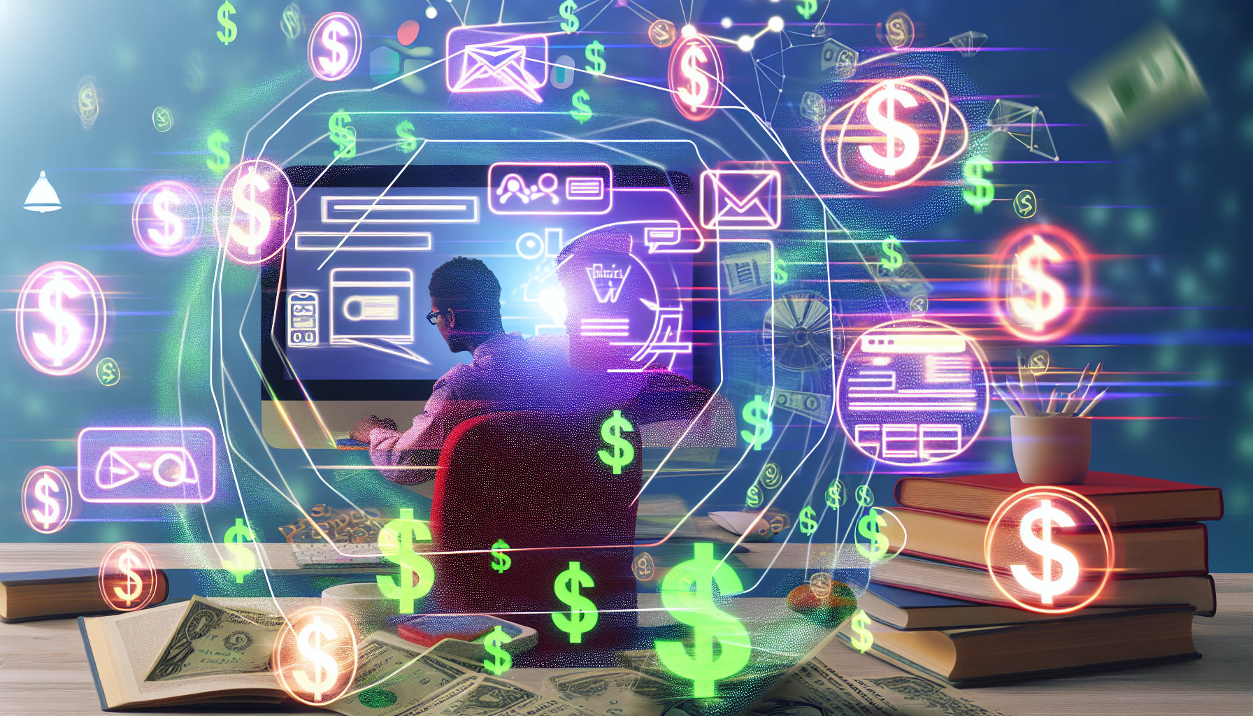 Eine abstrakte Darstellung des Konzepts, online Geld zu verdienen durch Affiliate-Marketing. Zeigen Sie eine Person südasiatischer Abstammung, die vor einem Computer sitzt, umgeben von verschiedenen Symbolen des Affiliate-Marketings, die um sie herum schweben. Auf dem Bildschirm sind trendige Websites und Produkte zu sehen, mit Einnahmen, die in Form von digitalen Dollarzeichen angezeigt werden. Fügen Sie auch einige Bücher über Affiliate-Marketing auf dem Schreibtisch hinzu. Die gesamte Szene sollte lebhaft sein und die dynamische Natur der Online-Märkte hervorheben.