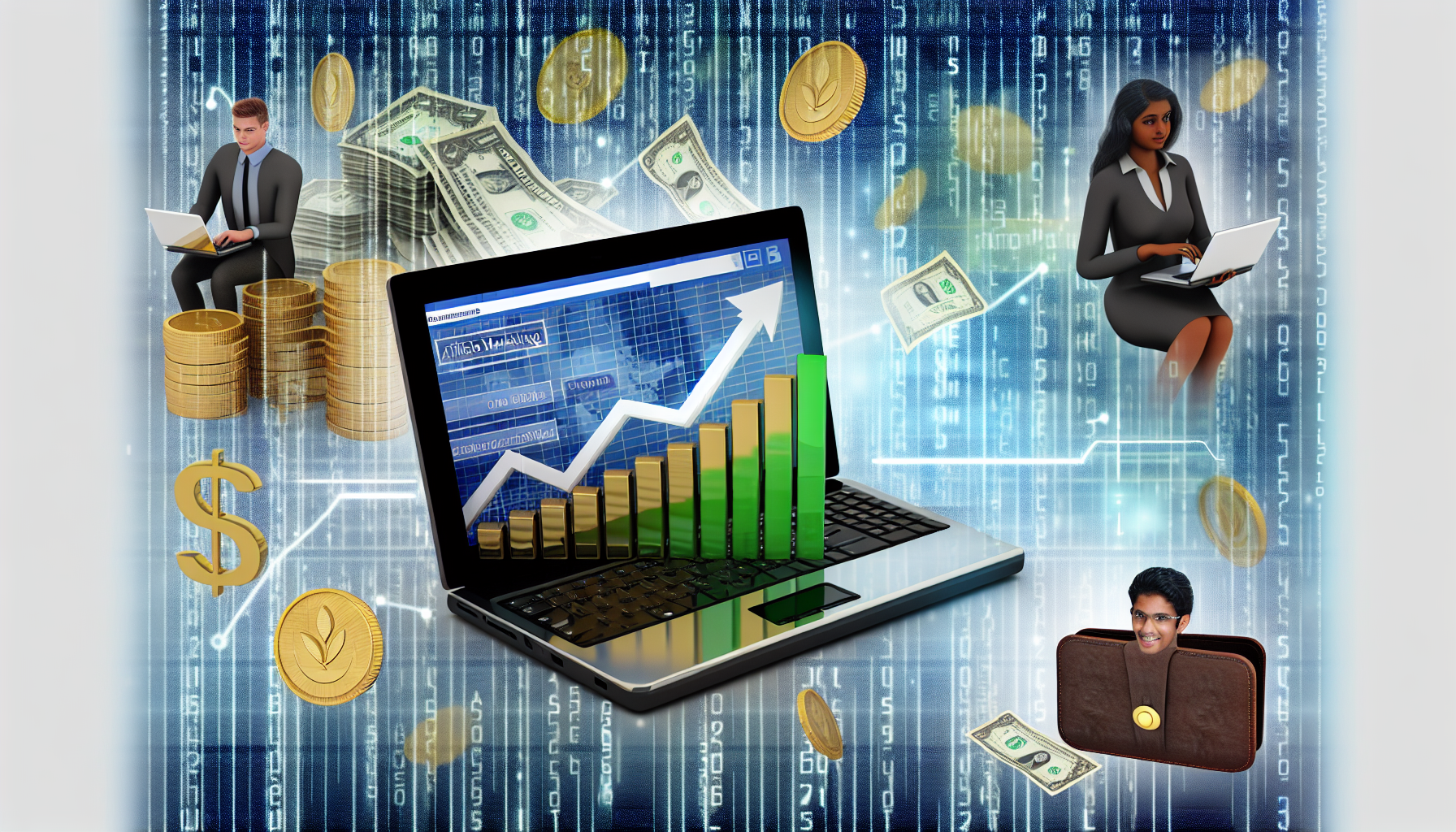 Ein konzeptionelles Bild, das 'Geld verdienen online mit Affiliate-Marketing' symbolisiert. In der Mitte visualisieren Sie einen modernen Laptop, der eine Webseite mit einem aufsteigenden Affiliate-Marketing-Diagramm anzeigt, das Fortschritt anzeigt. Umgeben Sie ihn mit Symbolen des finanziellen Erfolgs wie Goldmünzen, Banknoten und einer Geldbörse. Im Hintergrund digitale Elemente wie Matrix-Ziffern, Internetkabel und einen E-Mail-Umschlag, um die Online-Natur des Prozesses darzustellen. Schließlich fügen Sie eine vielfältige Gruppe von Personen hinzu, eine südasianische Frau und einen kaukasischen Mann, die an ihren Laptops tippen und an ihren Affiliate-Marketing-Strategien arbeiten.