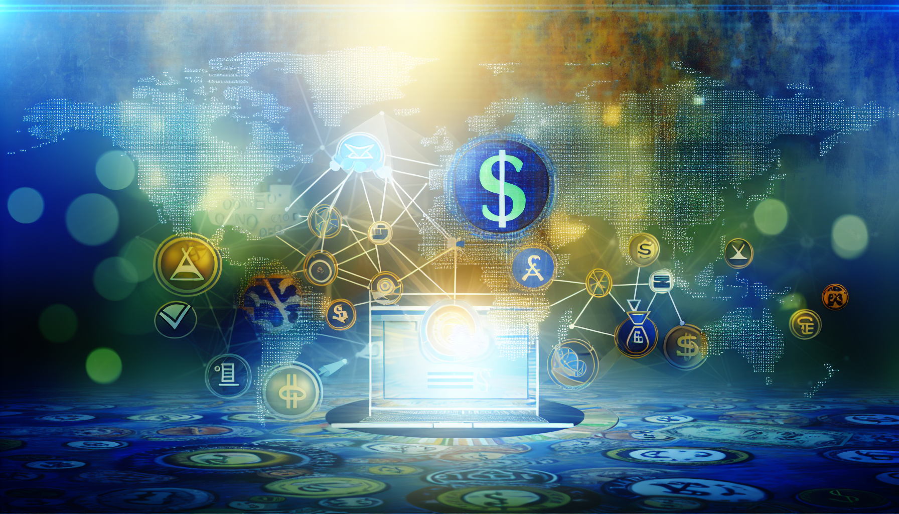 Ein konzeptionelles Bild, das die Online-Einkommensgenerierung durch Affiliate-Marketing darstellt. Im Vordergrund ist eine digitale Schnittstelle mit verschiedenen Symbolen zu sehen, die Online-Marketing-Tools wie SEO, Analytik und Content-Management repräsentieren. Der Hintergrund verblasst in ein Netzwerk von miteinander verbundenen Knoten, das das Konzept von Affiliate-Partnerschaften veranschaulicht. Strategisch im Bild platziert sind Symbole verschiedener globaler Währungen, die auf die Möglichkeit hinweisen, Geld zu verdienen. Die Farbpalette verwendet helle Blau-, Grün- und Goldtöne, um ein Gefühl von Optimismus und finanziellem Wachstum zu vermitteln.