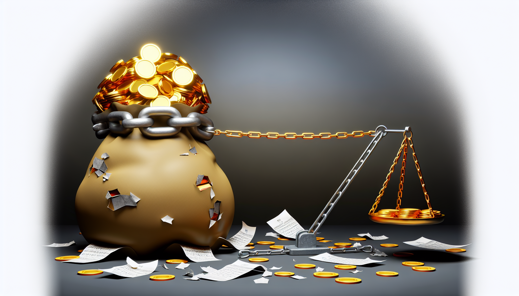Eine Illustration des abstrakten Konzepts von hoher Verschuldung. Das Bild zeigt ein Paar fest gebundener Ketten, die eine prall gefüllte Geldbörse mit goldenen Münzen auseinanderziehen. Die Szene ist vor einem grauen Hintergrund angesiedelt, der finanzielle Trübsal symbolisiert. Zerknitterte Geldscheine und Quittungen liegen um die Geldbörse verstreut und deuten auf finanzielle Schwierigkeiten hin. In der Nähe steht eine schwere Waage, die stark zu einer Seite geneigt ist und die Last unausgeglichener finanzieller Verpflichtungen darstellt. Es sind keine Menschen sichtbar. Symbolische Elemente wie diese helfen, die Schwere und Angst zu vermitteln, die mit dem Abrutschen in schwere Verschuldung verbunden sind.