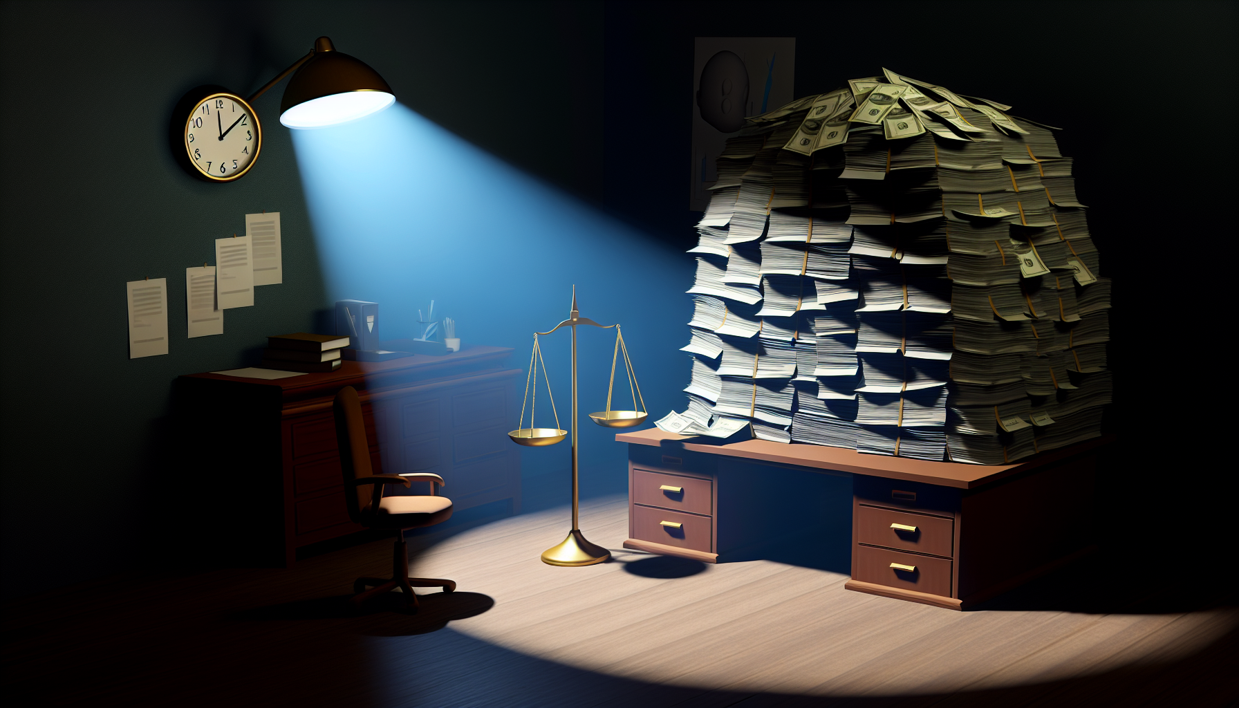 Stellen Sie sich ein Konzept hoher Schulden vor. Visualisieren Sie einen riesigen Haufen Papierrechnungen, der bedrohlich über einem kleinen Holztisch schwebt. Auf dem Tisch steht ein Paar goldener Waagen, das stark zur Seite der Rechnungen geneigt ist. Der Raum ist in Schatten gehüllt, das einzige Licht kommt von einer schwachen Schreibtischlampe, die einen Lichtkreis auf den Tisch wirft. Der Stuhl hinter dem Tisch ist leer, was auf die Abwesenheit des gewohnten Besitzers hinweist. Eine Uhr hängt an der Wand und zeigt an, dass es spät in der Nacht ist, was symbolisch für die ablaufende Zeit steht.