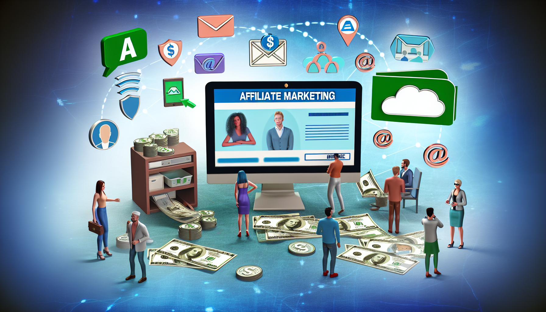 Eine Szene, die das Konzept des Geldverdienens online durch Affiliate-Marketing darstellt. Im Vordergrund befindet sich ein gut organisiertes Arbeitsumfeld mit einem Computer, auf dessen Bildschirm 'Affiliate Marketing' angezeigt wird. Daneben liegen verstreute Banknoten, die Einkommen symbolisieren. Im Hintergrund schweben Objekte, die digitale Dienstleistungen repräsentieren, wie Cloud-, E-Mail- und Social-Media-Icons, und symbolisieren Online-Transaktionen. Eine vielfältige Gruppe von Menschen, darunter ein kaukasischer Mann, eine südasiatische Frau und eine Person aus dem Nahen Osten, interagiert mit der Szene und symbolisiert die globale und inklusive Natur des Online-Geschäfts.