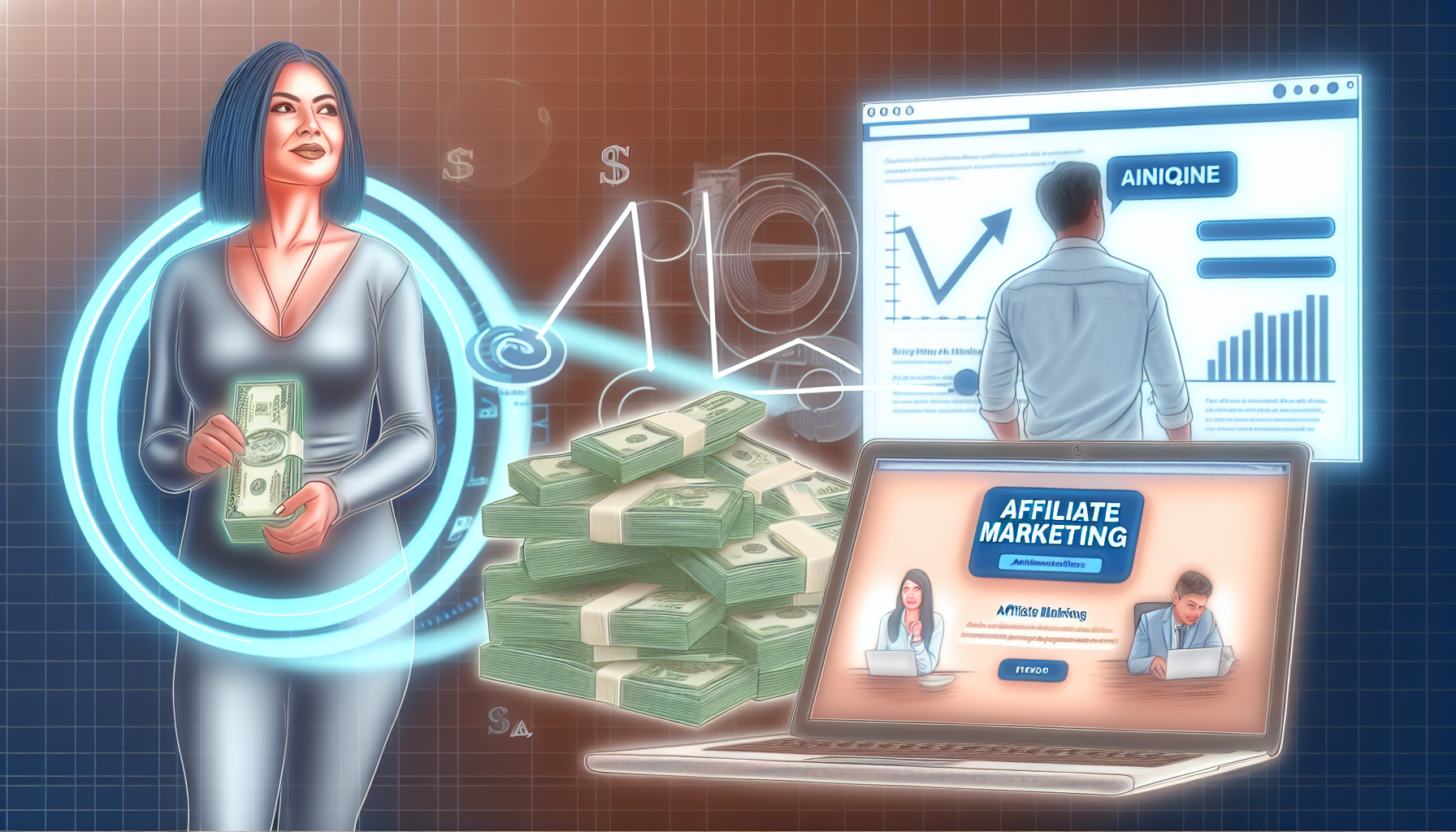 Eine digitale Illustration, die das Konzept des Geldverdienens online durch Affiliate-Marketing zeigt. Auf dem Bildschirm eines Laptops sind Grafikanalysen und ein einzigartiges Affiliate-Marketing-Logo zu sehen. Eine erfolgreiche Marketerin, eine kaukasische Frau in ihren 30ern, hält ein Bündel Geldscheine, das die Gewinne symbolisiert. Auf der anderen Seite ist ein Mann aus dem Nahen Osten in seinen 40ern zu sehen, der eine Online-Shopping-Seite durch den Empfehlungslink der Marketerin durchstöbert. Die Atmosphäre vermittelt ein Gefühl von Erfolg, Engagement und Online-Geschäft.