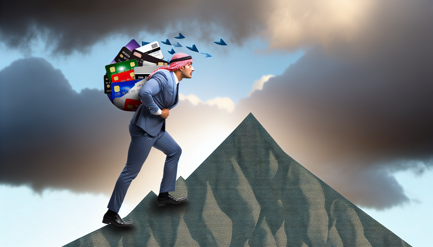 Eine Illustration, die das Konzept hoher Schulden darstellt. Das Bild zeigt eine Person mit mittlerer östlicher Abstammung, mit Schweiß auf der Stirn, die einen Berg aus Kreditkarten und Darlehensverträgen unter einem stürmischen Himmel erklimmt. Sie trägt eine große Last auf dem Rücken, die symbolisch ihre finanziellen Schulden repräsentiert. Die Person ist in Bürokleidung gekleidet, was andeutet, dass sie ein typischer Büroangestellter sein könnte. Der Berg hat eine rutschige Steigung, was den Aufstieg erschwert und den Kampf um die Tilgung der Schulden darstellt. Das Bild verkörpert perfekt den Kampf und das Unbehagen, das mit hohen finanziellen Schulden verbunden ist.
