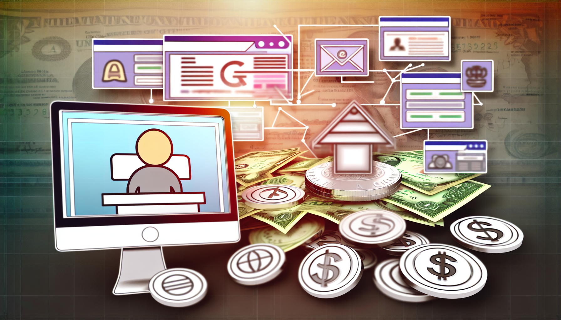 Ein konzeptionelles Bild, das das Verdienen von Geld online durch Affiliate-Marketing darstellt. Die Darstellung umfasst verschiedene Symbole, die unterschiedliche Aspekte des Themas widerspiegeln. Auf der einen Seite ist eine Person ostasiatischer Abstammung zu sehen, die an einem Computer in einem Home-Office-Setup sitzt, mit Website-Oberflächen, Bannern und Links, die auf dem Computerbildschirm angezeigt werden. Auf der anderen Seite sind Münzen oder Scheine zu sehen, die sich ansammeln oder gestapelt werden, was das verdiente Geld symbolisiert. Das gesamte Bild soll die digitale Natur des Berufs und die damit verbundenen finanziellen Vorteile einfangen.