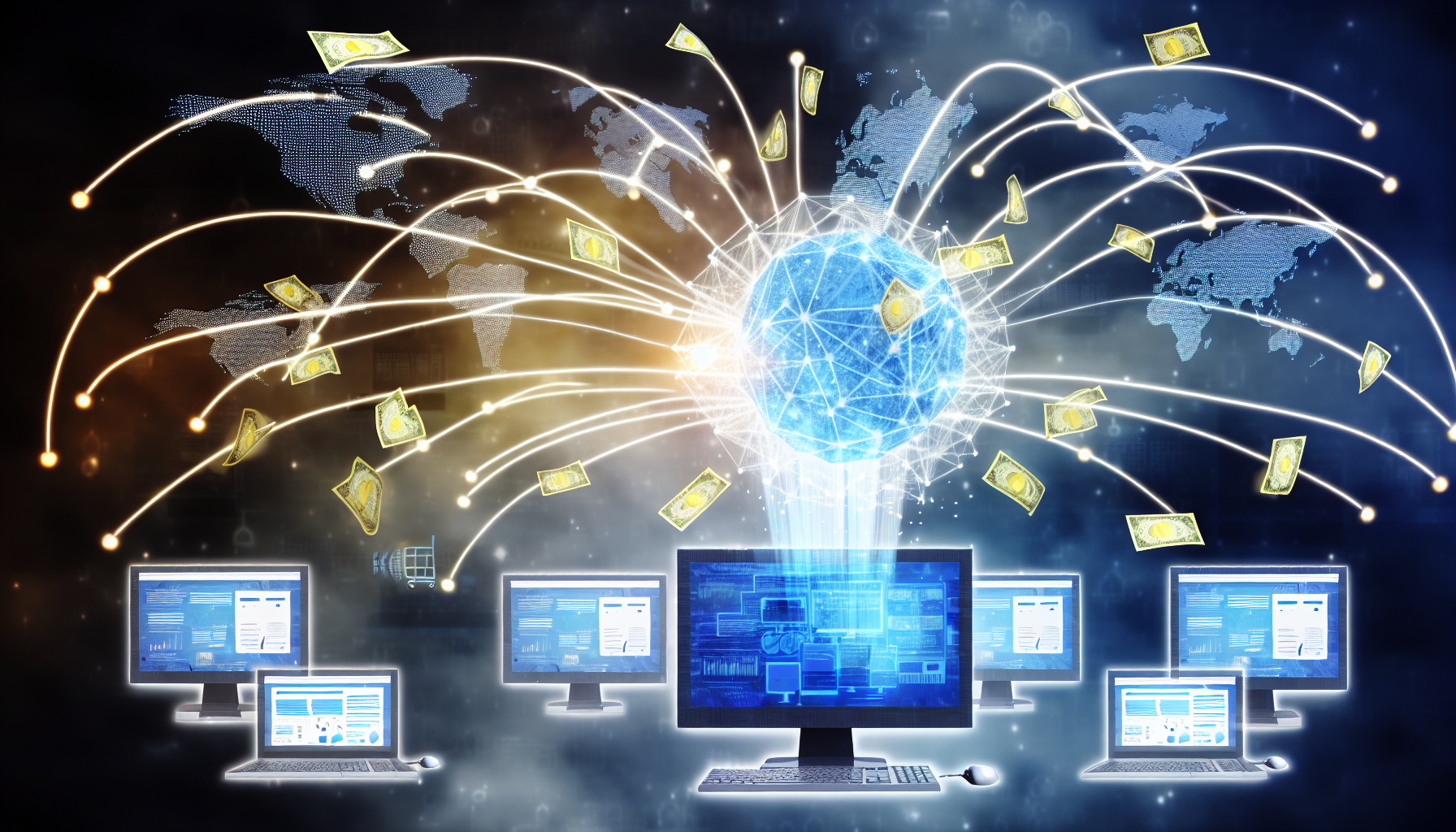 Eine digitale Darstellung des Konzepts des Affiliate-Marketings als Möglichkeit, online Geld zu verdienen. Das Bild zeigt ein Netzwerk von miteinander verbundenen Computern, von denen jeder einen Globus symbolisiert, der die globale Reichweite darstellt. Der zentrale Computer wird als Knotenpunkt dargestellt, der Ströme digitaler Währung ausstrahlt, was Einkommen symbolisiert. Weitere Elemente sind Werbebanner, Einkaufswagen und Grafiken, die Wachstumstrends zeigen.