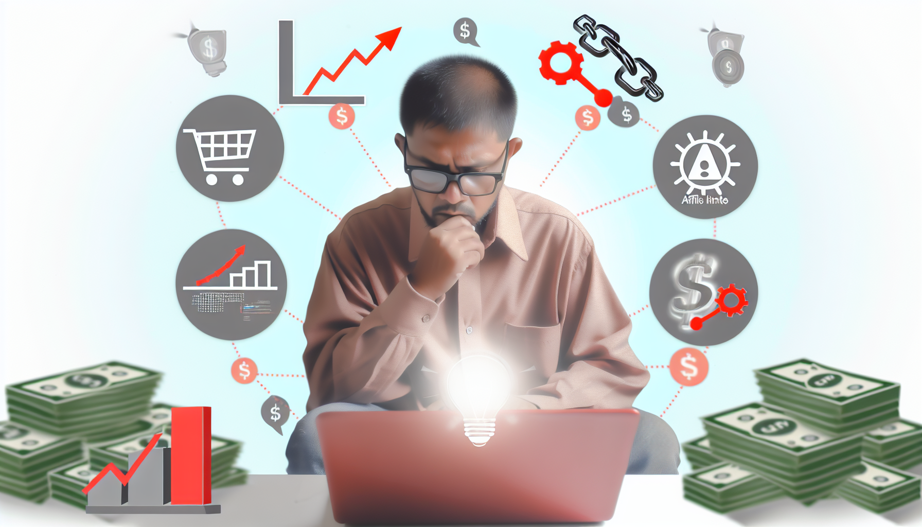 Ein Bild, das das Konzept des Online-Verdienens durch Affiliate-Marketing veranschaulicht. Zeigen Sie eine Person mit mittlerer östlicher Abstammung an einem Laptop, die vertieft in die Analyse von Grafiken und Diagrammen ist, die Wachstum und Gewinne symbolisieren. Stellen Sie verschiedene Symbole in der Nähe dar, wie einen Einkaufswagen, eine Kettenverbindung und Geld, um das System des Affiliate-Marketings zu kennzeichnen. Fügen Sie eine Glühbirne über dem Kopf der Person hinzu, die eine großartige Idee oder Strategie symbolisiert.