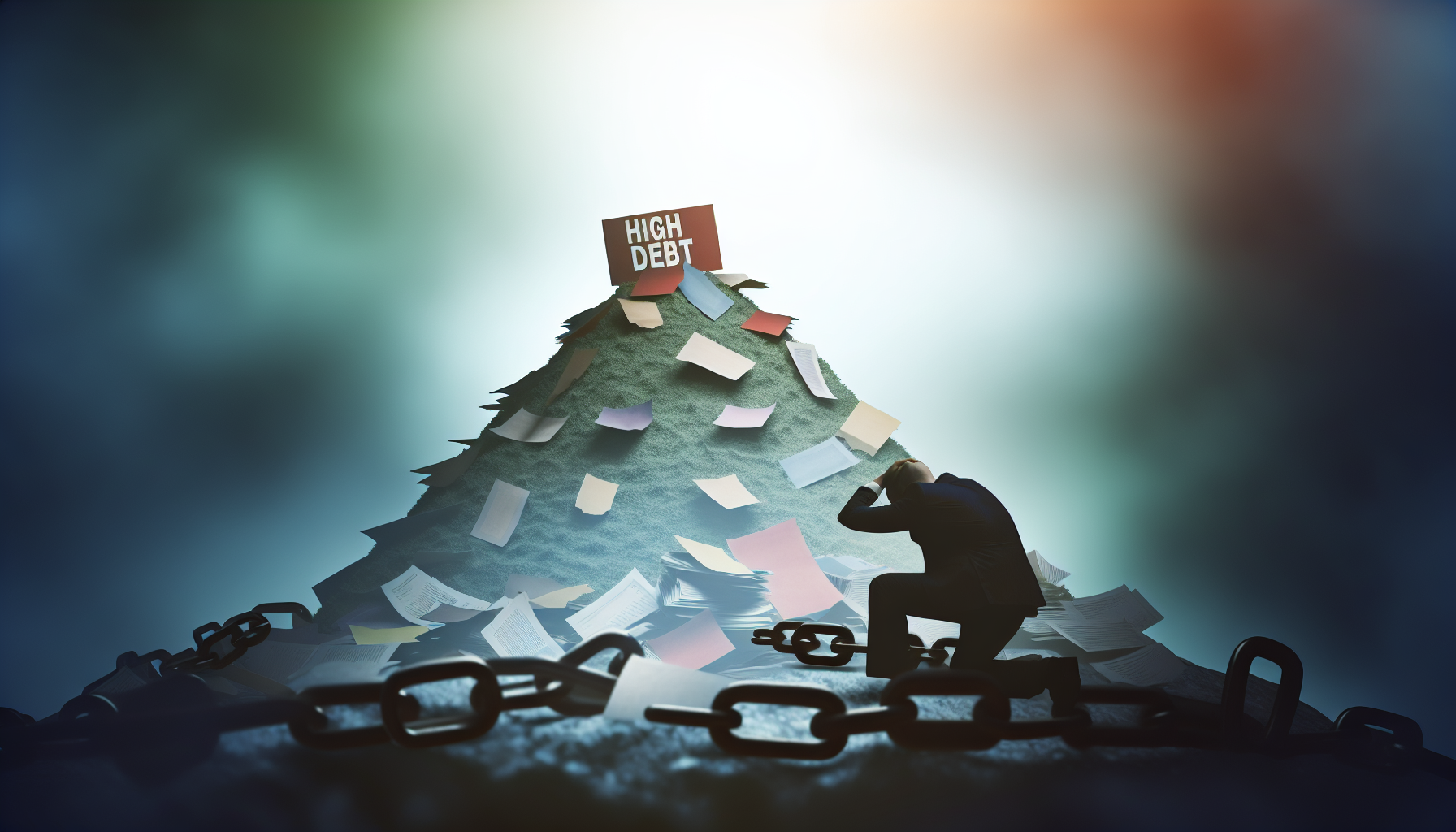Eine visuell eindrucksvolle Darstellung von hoher Verschuldung. Dies könnte einen Berg unbezahlter Rechnungen oder ein schweres Gewicht umfassen, das die finanzielle Last symbolisiert und von einer Person getragen wird, die gestresst und überfordert wirkt. Fügen Sie einige zerbrochene Ketten hinzu, die gescheiterte Versuche andeuten, sich von der Last zu befreien. Für den Hintergrund verwenden Sie neblige, dunkle Farben, um das Gefühl von Verzweiflung und drohender Gefahr darzustellen, das oft mit Schulden einhergeht.