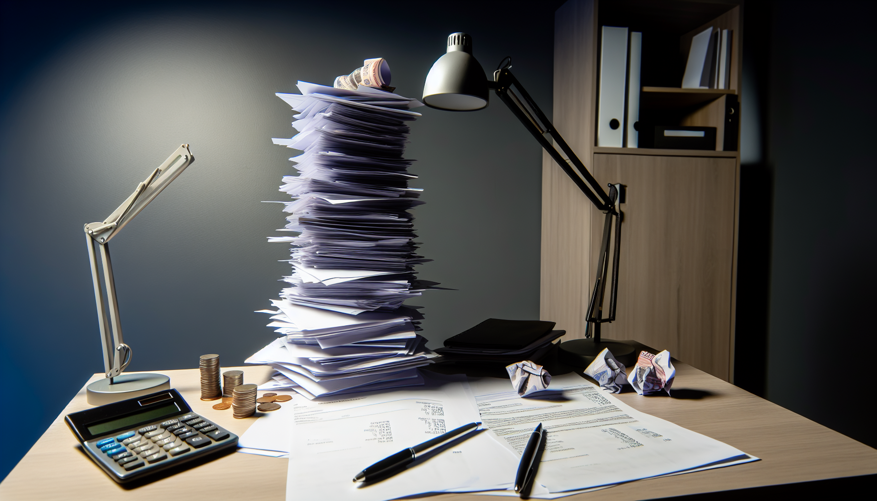 Ein hoher Stapel unbezahlter Rechnungen und finanzieller Dokumente auf einem Schreibtisch, der das Konzept hoher Schulden veranschaulicht. Der Schreibtisch ist mit Papieren, Tintenstiften, einer Schreibtischlampe und einem Taschenrechner überladen. Einige Münzen und zerknitterte Geldscheine liegen verstreut herum. Der Raum ist schwach beleuchtet, was zur düsteren Stimmung beiträgt. Illustrieren Sie diese Szene in einem realistischen Stil.