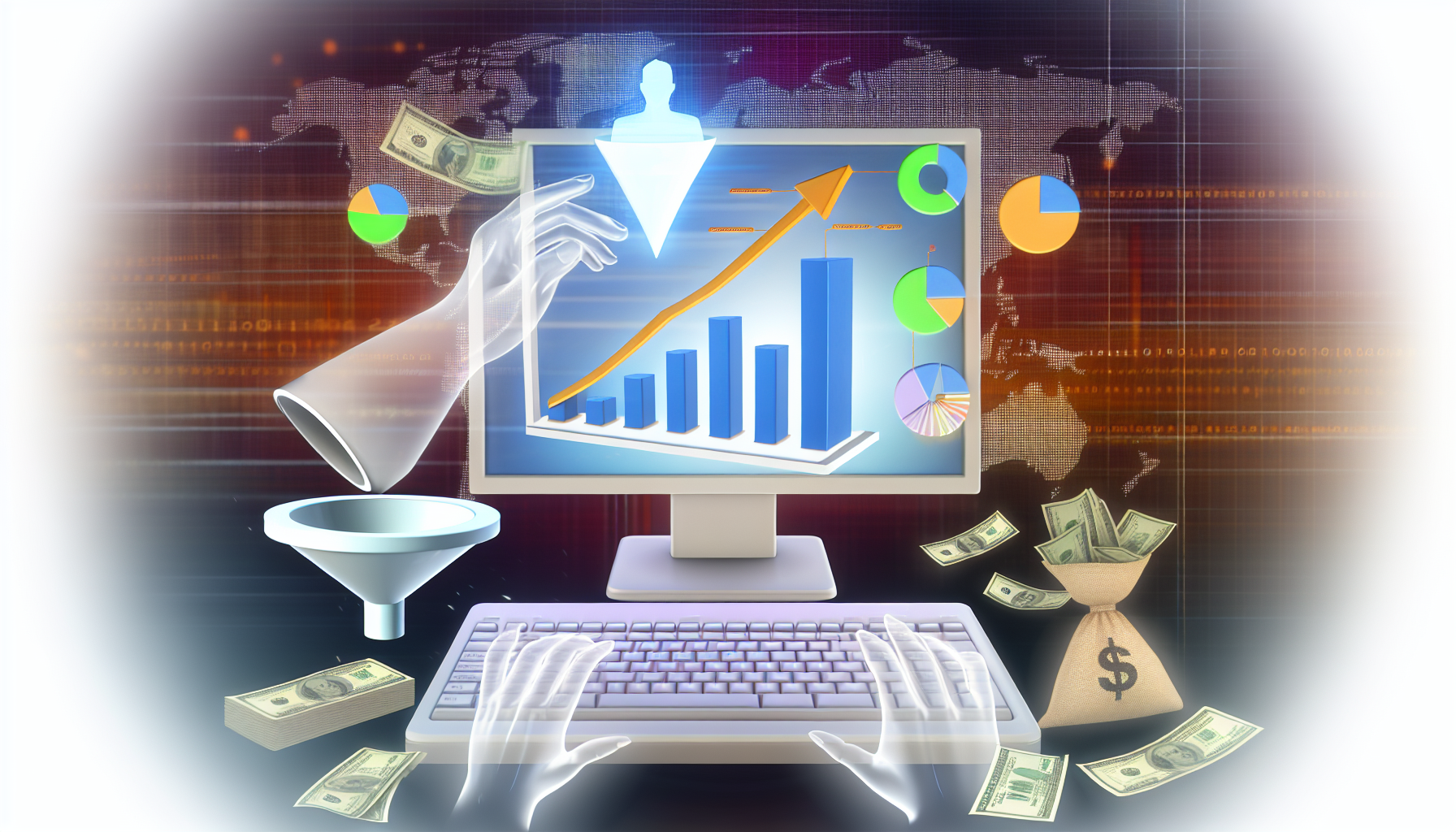 Eine abstrakte Darstellung, die den Prozess des Geldverdienens online durch Affiliate-Marketing zeigt. Das Bild sollte einen Computerbildschirm mit verschiedenen Balkendiagrammen und Tortendiagrammen darstellen, die Fortschritt, Arbeitsabläufe und finanziellen Erfolg anzeigen. In der Nähe sollte eine geisterhafte Hand zu sehen sein, die auf der Tastatur tippt, was die ständige Aktivität im Prozess symbolisiert. Ein Trichter, der den Marketingprozess darstellt, sollte prominent auf dem Bildschirm angezeigt werden. Geldscheine und Münzen erscheinen spontan an der Seite des Computers und symbolisieren das Endprodukt der Affiliate-Marketing-Reise. Dieses Bild sollte keine bestimmte Person oder Identität in den Vordergrund stellen.