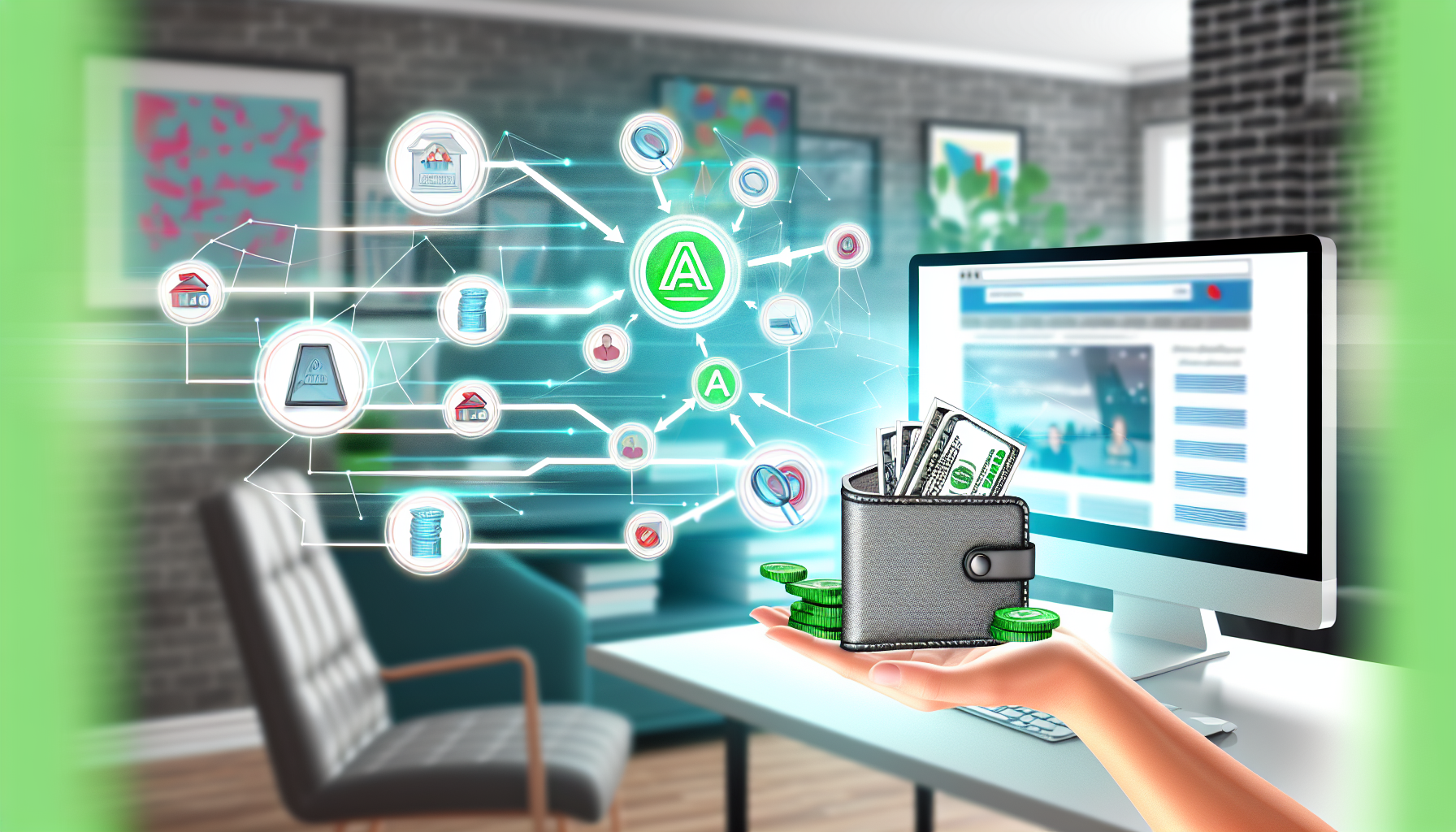 Eine Konzeptvisualisierung des Online-Geldverdienens durch Affiliate-Marketing. Ein Computer zeigt eine digitale Marketing-Website und Symbole, die verschiedene Produkte repräsentieren. In der Nähe gibt es eine Reihe von Pfeilen, die zu einer virtuellen Brieftasche führen, die sich mit digitalen Münzen füllt. Die gesamte Szene spielt sich in einem modernen, hell erleuchteten Homeoffice ab, mit einem bequemen Stuhl, einem gut organisierten Schreibtisch und einem Fenster, das viel natürliches Licht hereinlässt.