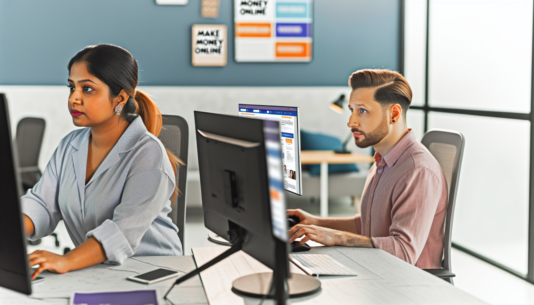 Stellen Sie eine südasianische Frau und einen kaukasischen Mann dar, die an zwei verschiedenen Schreibtischen mit Computern sitzen. Sie befinden sich in einem hell erleuchteten, modernen Homeoffice. Beide sind auf ihre Bildschirme konzentriert, tippen und klicken mit der Maus, während sie arbeiten. Die Webseiten auf ihren Bildschirmen zeigen verschiedene Arten von Online-Jobs, wie Content Writing, digitales Marketing und Webentwicklung. Auf ihren Gesichtern ist ein Gefühl von Entschlossenheit und Konzentration zu erkennen. Im Hintergrund ist eine Wand mit einem motivierenden Poster geschmückt, auf dem steht: 'Geld online verdienen'.