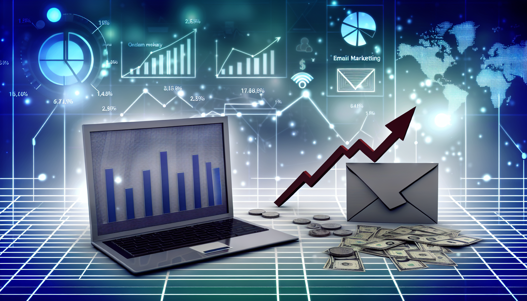 Eine Illustration, die das Konzept des Geldverdienens online durch Affiliate-Marketing darstellt. Das Bild könnte einen digitalen Arbeitsplatz zeigen, mit einem Laptop, der Diagramme und Zahlen anzeigt, die den Gewinn darstellen, sowie einer Infografik mit aufwärts gerichtem Pfeil, die Wachstum suggeriert. Ein Umschlag könnte das E-Mail-Marketing darstellen, während Münzen oder Geldscheine den monetären Gewinn zeigen. Ein abstraktes Websymbol, das das Internet repräsentiert, könnte im Hintergrund zu sehen sein. Die gesamte Umgebung sollte professionell, aber visuell ansprechend sein und den komplexen Prozess des Affiliate-Marketings auf eine leicht verständliche Weise kommunizieren.