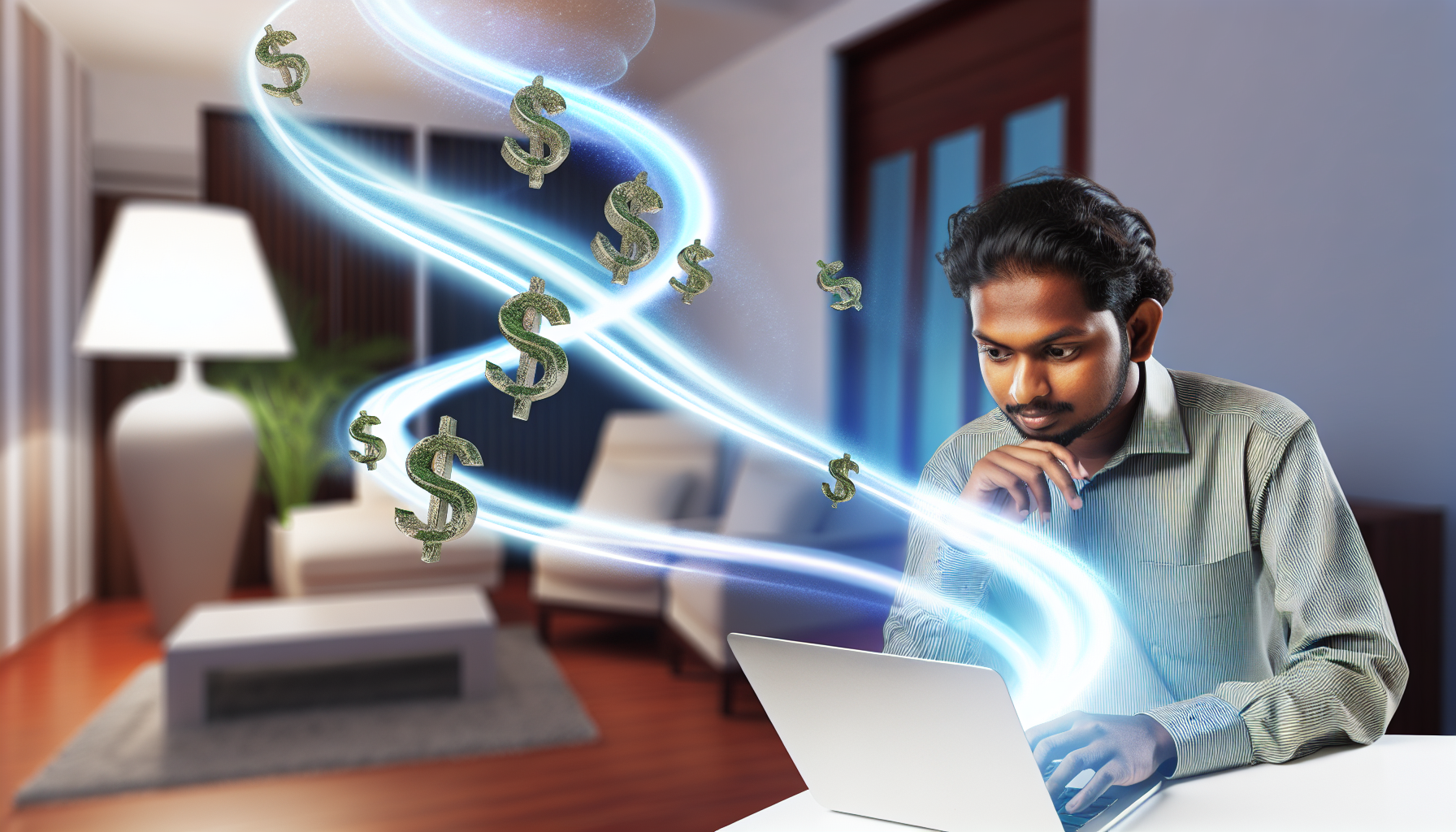 Ein Bild, das das Konzept des Geldverdienens im Internet darstellt. Im Vordergrund arbeitet eine Person mit interessiertem Gesichtsausdruck an einem Laptop, ihre Finger tippen sanft auf der Tastatur. Lichtwirbel mit Dollarzeichen fließen aus dem Bildschirm, was das hereinkommende Einkommen symbolisiert. Hinter der Person befindet sich ein Raum mit einem bequemen Stuhl, einer Lampe, die ein sanftes Licht spendet, und einer Topfpflanze. Die Person hat ein unbestimmtes Geschlecht und ist südasiatischer Abstammung.